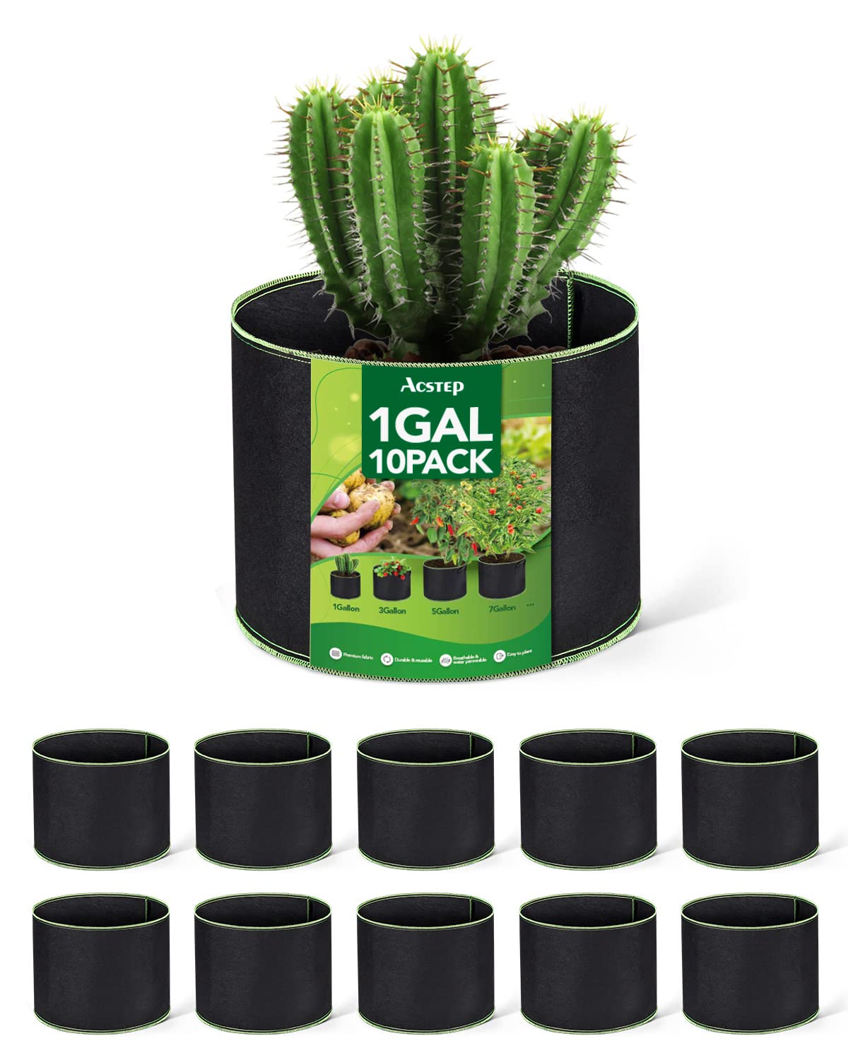 **ACSTEP 10-Pack 1 Gallon Heavy Duty Aeration Fabric Grow Bags - Thickened Nonwoven Plant Pots for Vegetables, Herbs & Flowers - Ideal for Indoor & Outdoor Gardening**