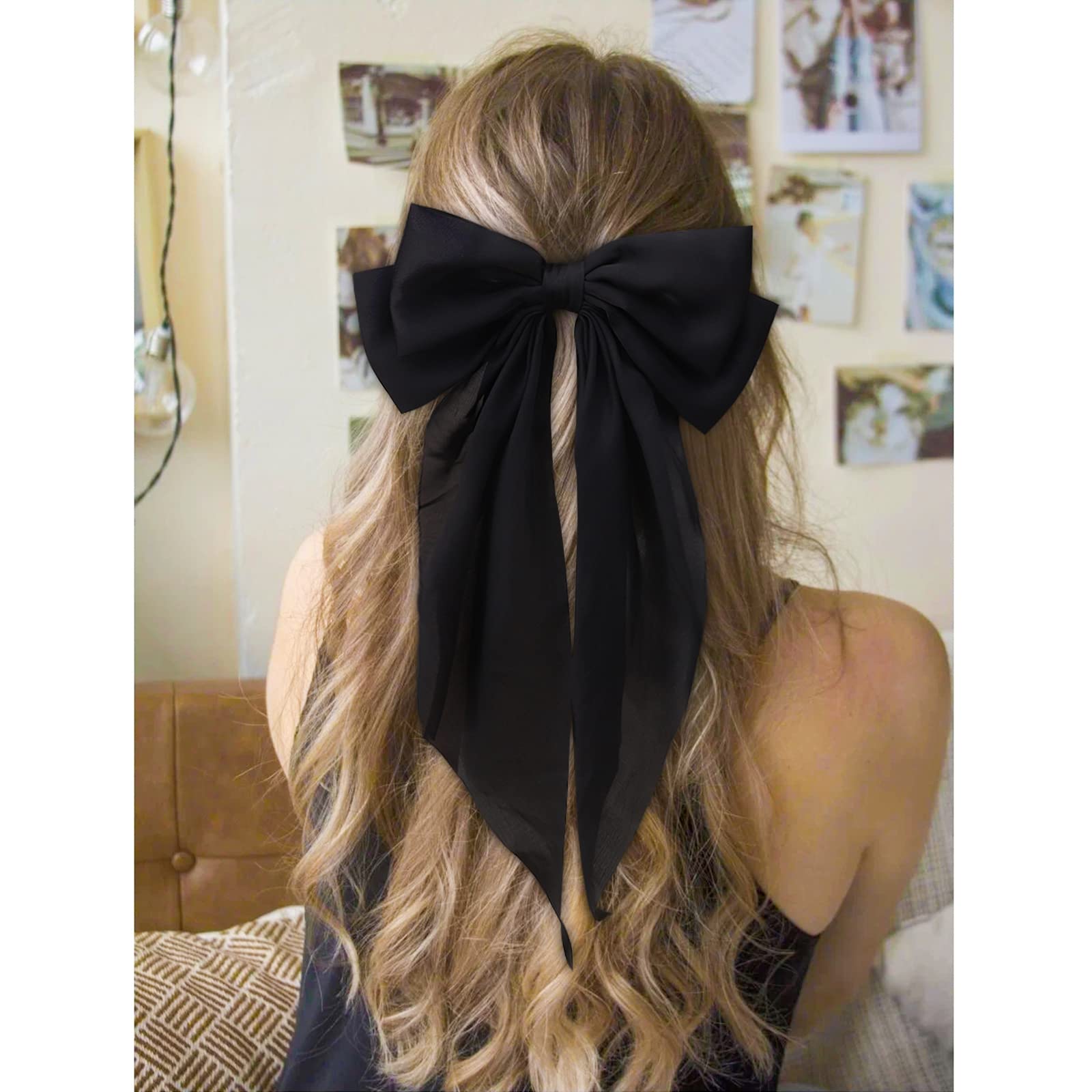 1PC Large Satin Hair Bows for Women & Girls - Black Silk Ribbon Hair Barrettes, Giant Long Bow Hair Clips, Ponytail Holder Accessories - Perfect for Weddings, Parties, and Everyday Elegant Styling