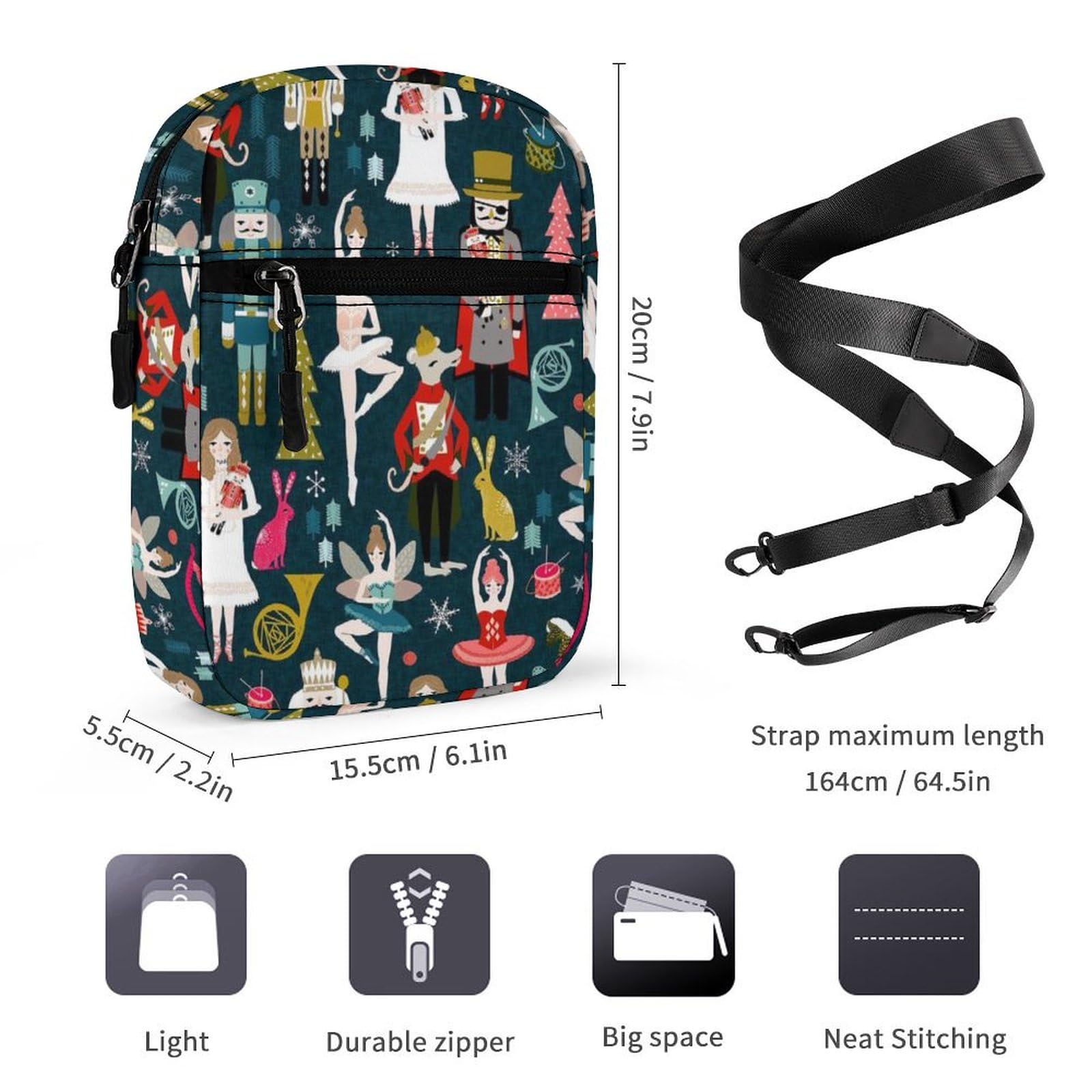 Nutcracker Ballet Small Crossbody Bag - Adjustable Satchel Shoulder Purse for Women & Men - Perfect for Travel, Concerts & Holiday Events