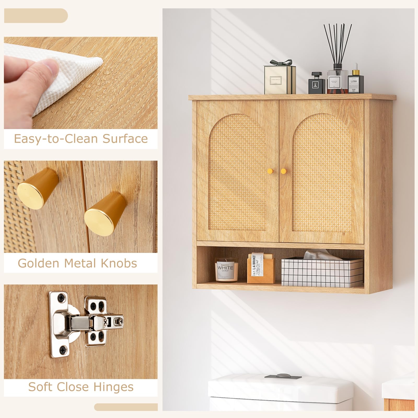 Tangkula Wall Mounted Medicine Cabinet with 2 Rattan Doors - Bathroom Storage Over Toilet, Hanging Cabinet for Laundry Room, Kitchen & Entryway (Natural Finish, Open Back) - Perfect for Small Spaces & Organizing Essentials