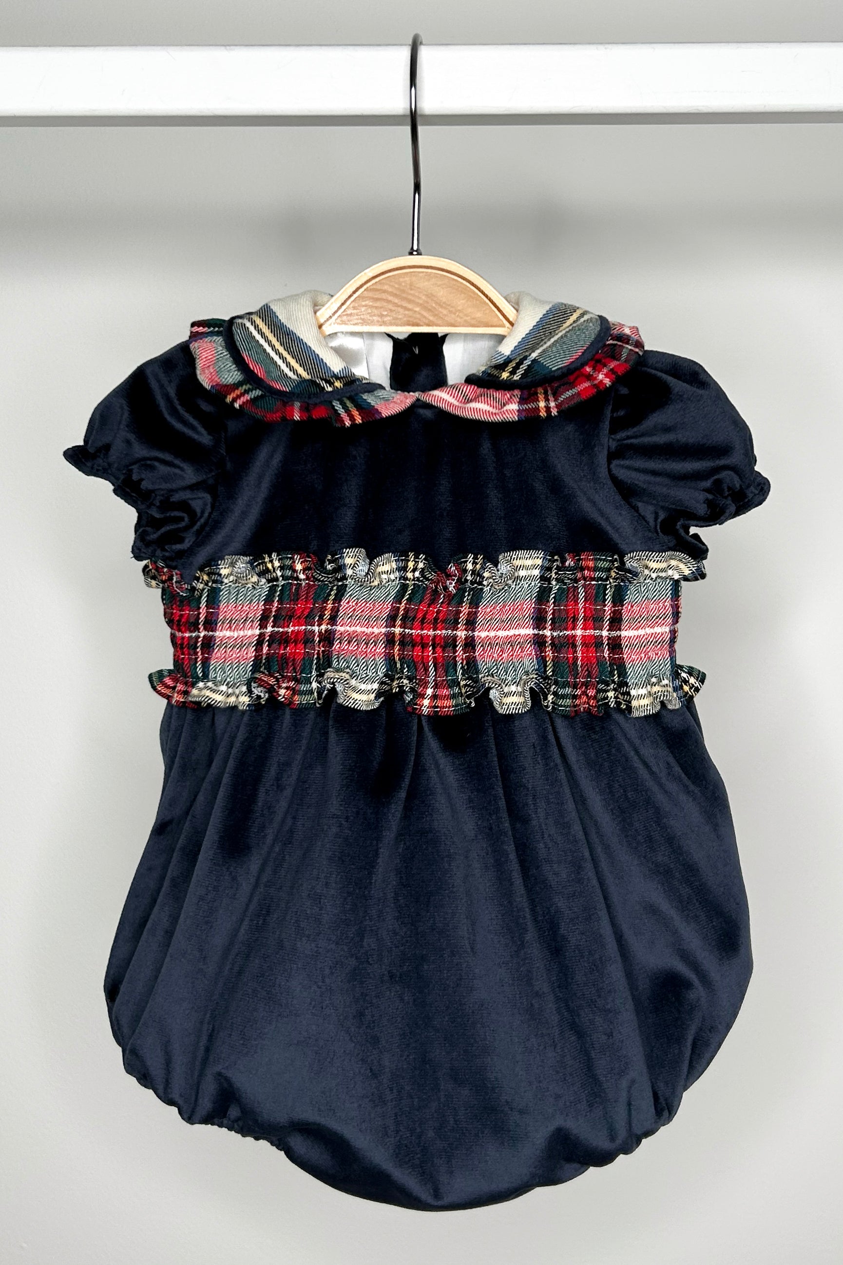 Hermione Navy Velvet Tartan Romper for Women - Stylish Velvet Jumpsuit with Plaid Pattern, Perfect for Christmas Parties, Holiday Outfits & Winter Fashion