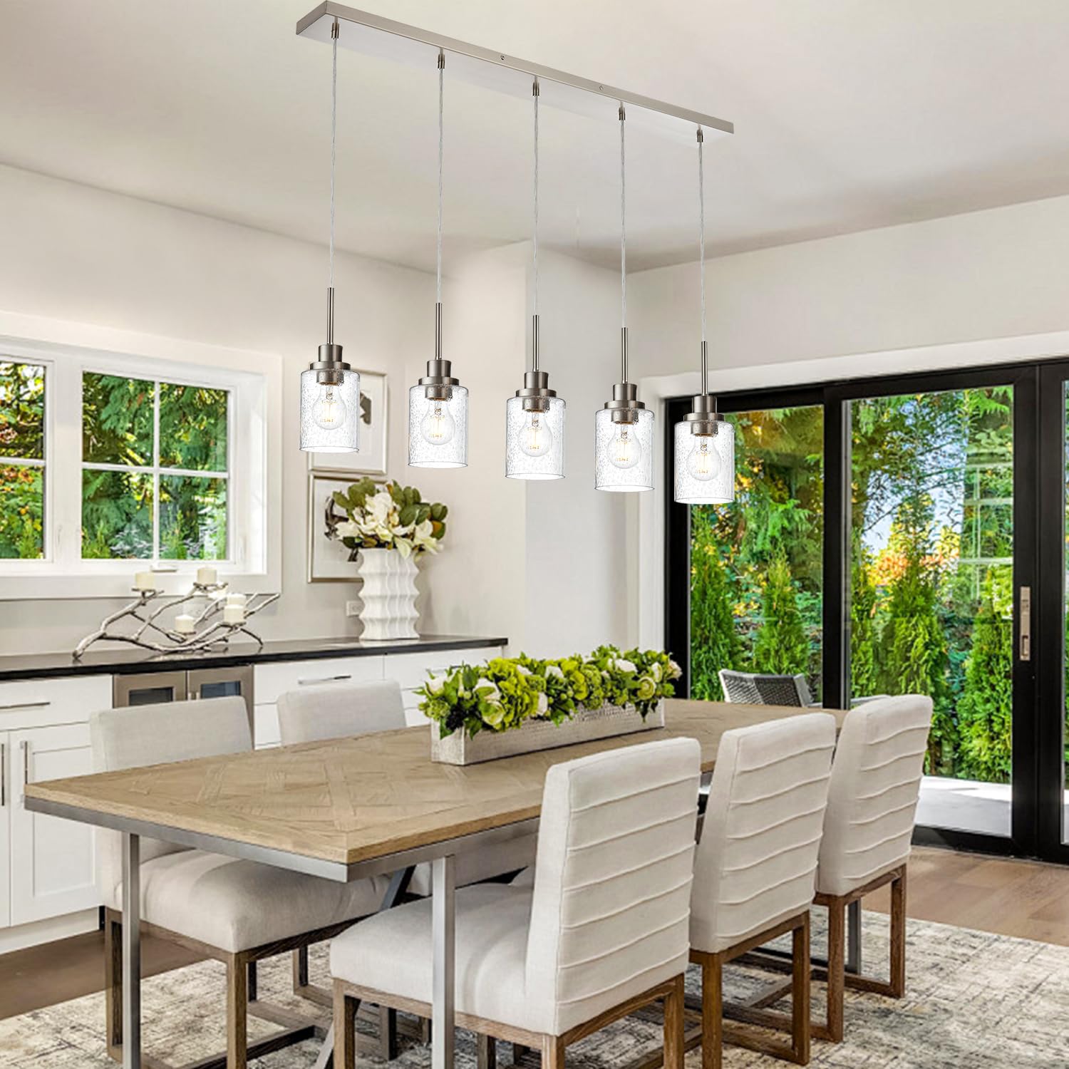 Modern Brushed Nickel Linear Chandelier - 5-Light Farmhouse Pendant Lighting with Clear Seeded Glass for Dining Room, Kitchen Island & Living Room | Contemporary Ceiling Light Fixture for Home Decor