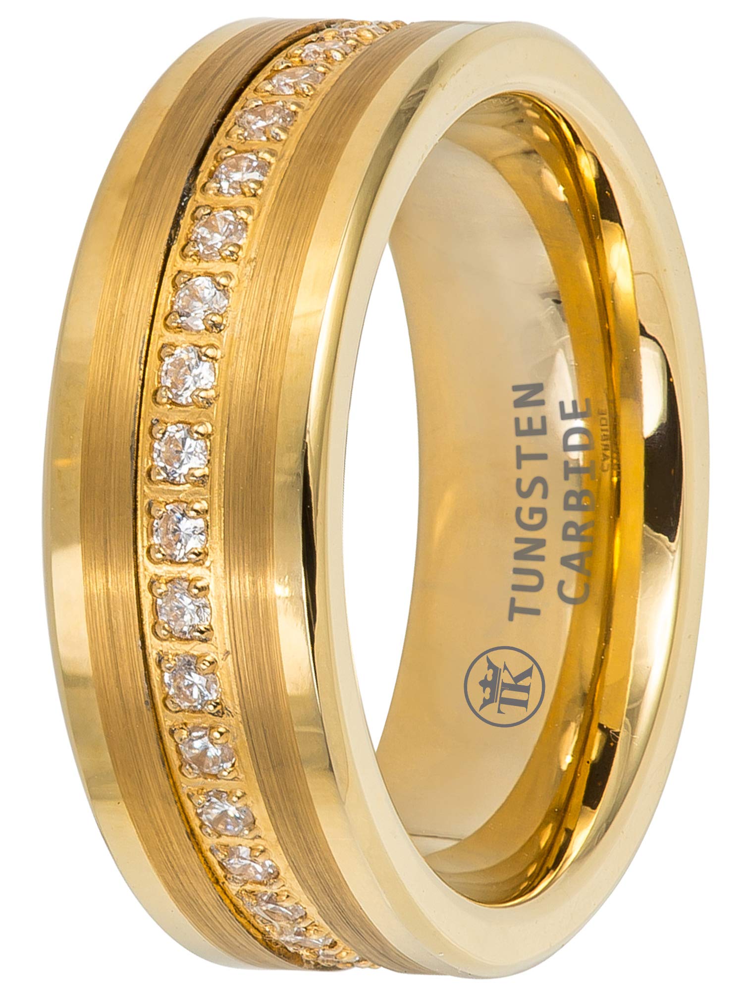 8mm Tungsten Carbide Men's Wedding Band - High Polished Yellow Gold Ion-Plated with Prong-Set Round CZ Stones, Comfort Fit Anniversary Ring for Him | Perfect for Weddings, Engagements & Special Occasions