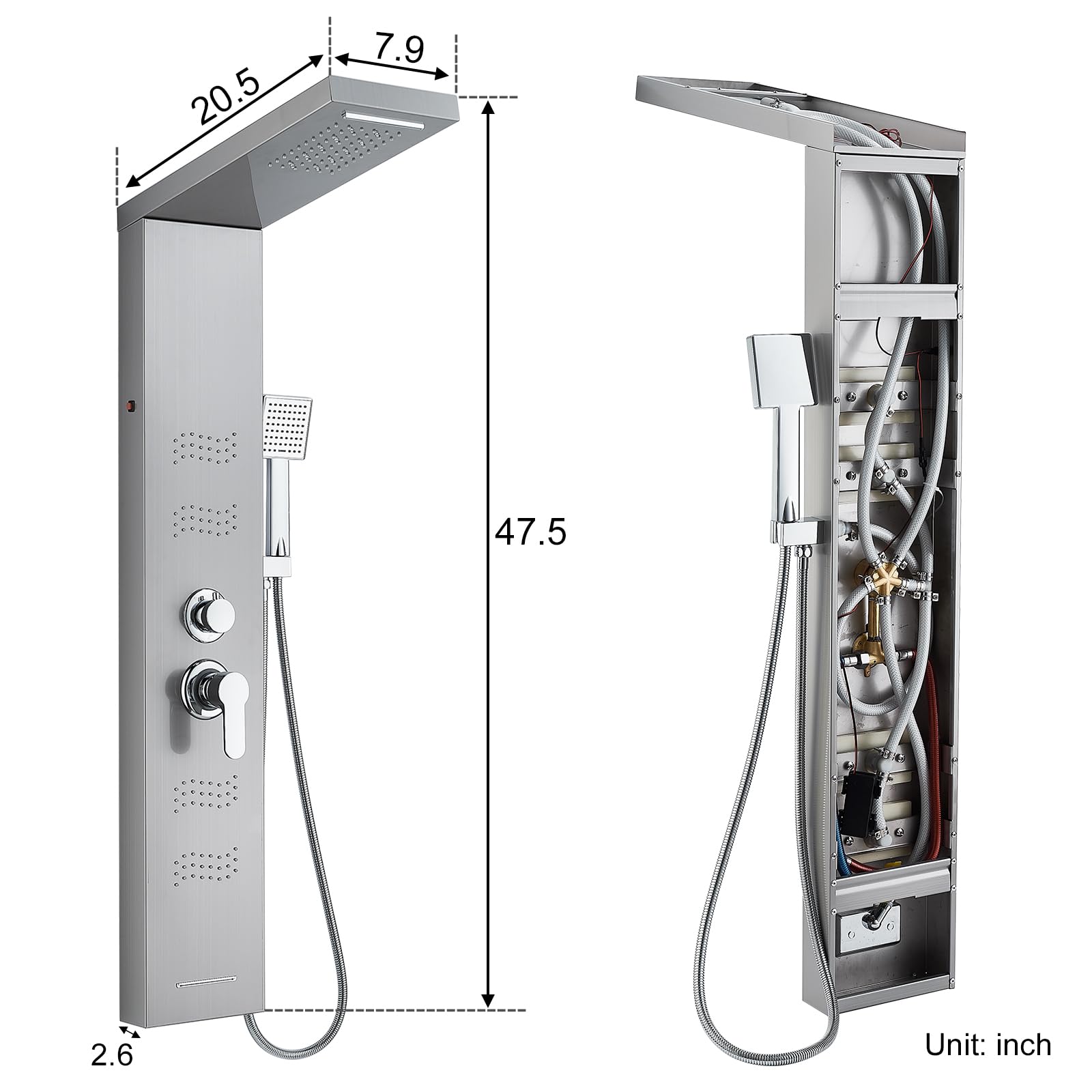 5-in-1 Stainless Steel Shower Panel Tower System with LED Lights - Rainfall Shower Head, Waterfall, Body Spray, Handheld Shower & Tub Spout (Brushed Nickel) | Perfect for Modern Bathroom Renovation & Spa-Like Shower Experience