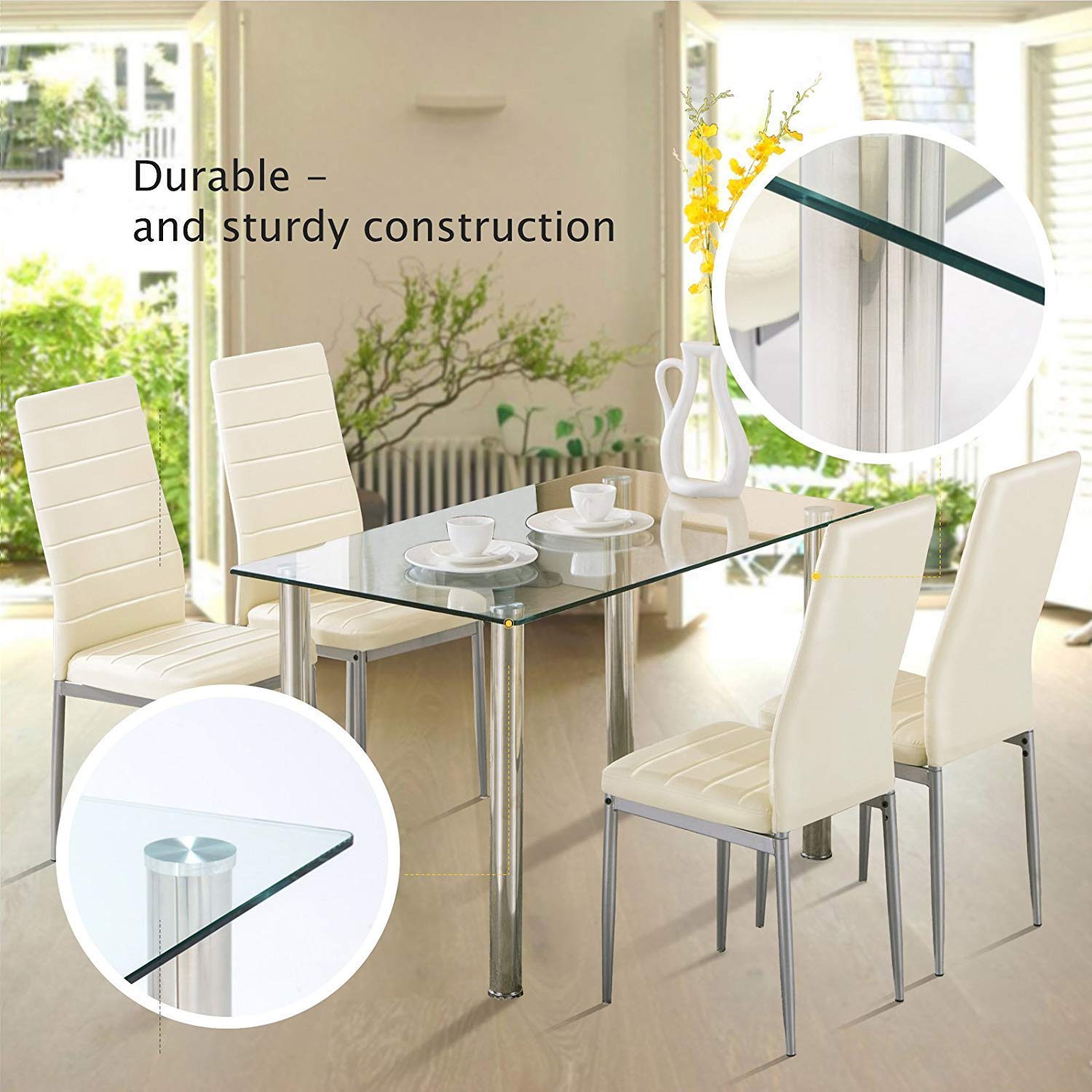 Modern Minimalist Glass Dining Table - 47 Inch Rectangular Transparent Kitchen Table with Metal Legs for 4-6 People | Perfect for Small Spaces, Apartments & Contemporary Dining Rooms