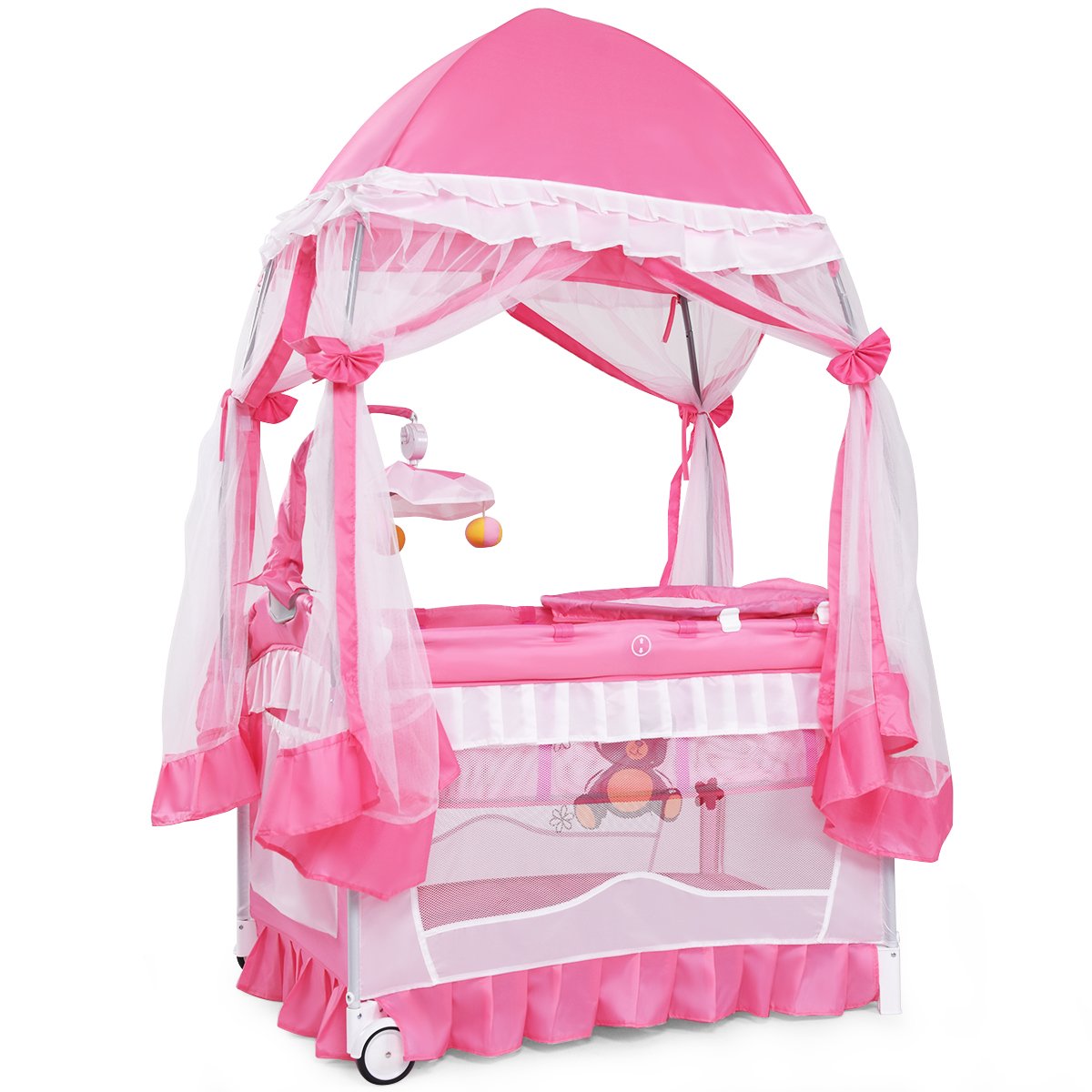 BABY JOY 4-in-1 Portable Playard with Canopy & Bassinet - Foldable Baby Crib with Wheels & Brake for Newborn to Toddler - Perfect for Travel, Nursery & Playtime (Pink)