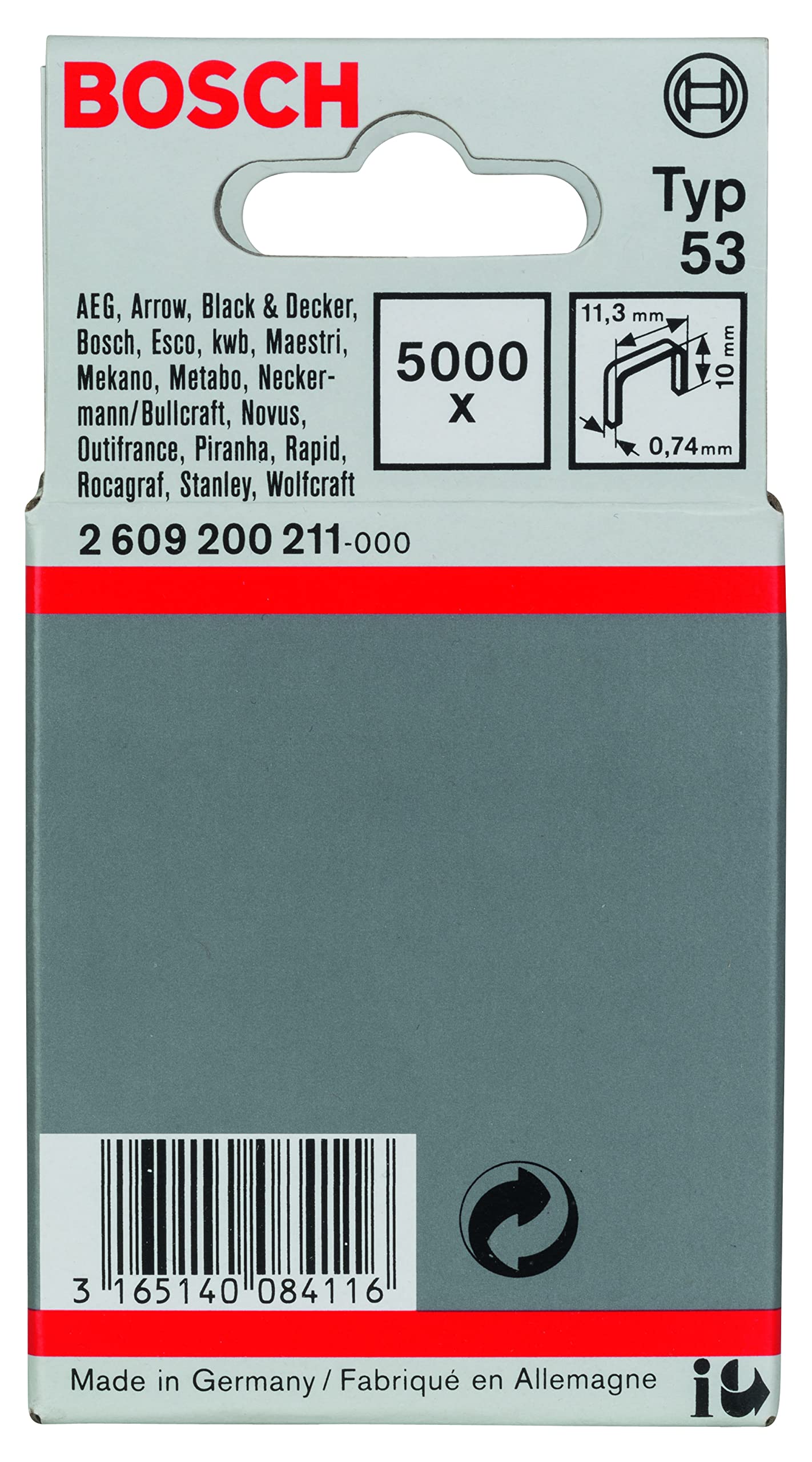 Bosch Professional Grapa de Alambre Fino Tipo 53-11,4 x 0,74 x 10 mm - Pack de 5000 Unidades para Ensamblaje de Muebles y Trabajos de Carpintería