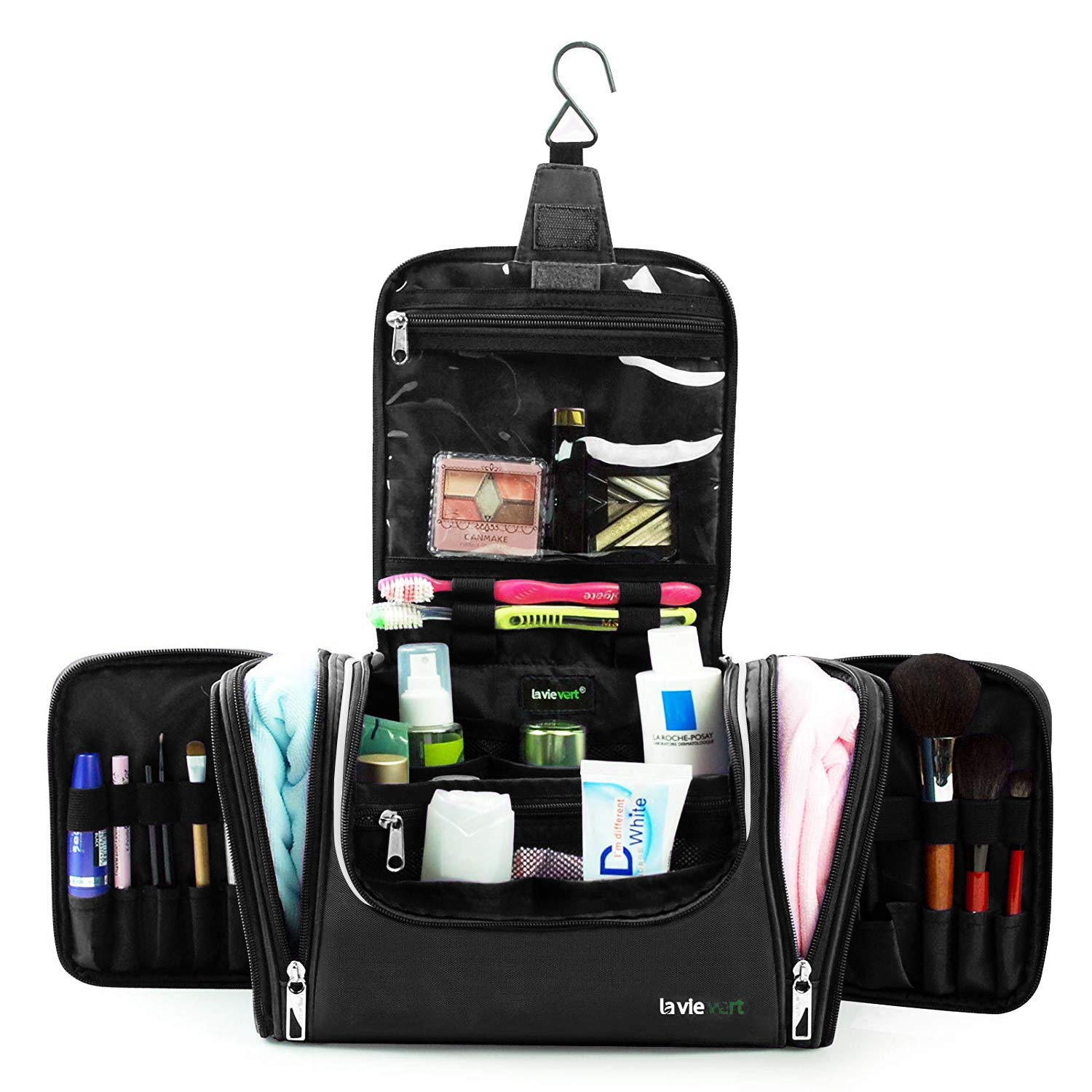 Lavievert Hanging Toiletry Bag for Travel - Waterproof Makeup Organizer & Cosmetic Storage Pouch - Portable Bathroom Essentials Bag for Business Trips, Vacation, Gym & Home Use (Black)