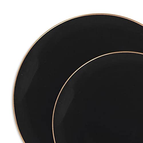 Eco-Friendly Disposable Plastic Plates with Elegant Rim Design - 240-Piece Bulk Set (120 Round Dinner Plates + 120 Salad Plates) for Weddings, Parties, Catering & Special Events - Black with Gold Accent - Perfect for Outdoor Dining, Buffets & Large Gatherings