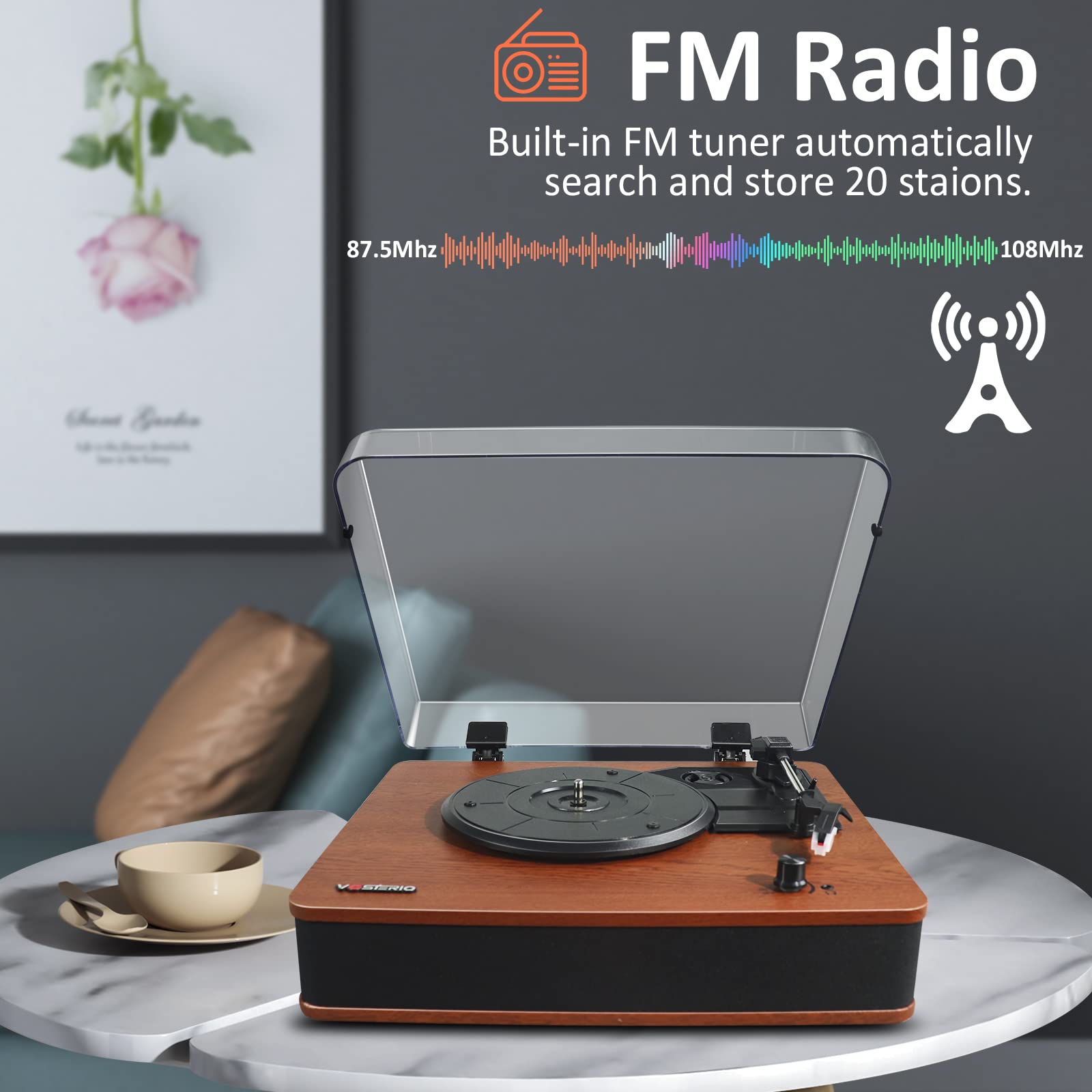 VOSTERIO Bluetooth Record Player - Wireless Turntable with Built-in Speakers, USB/TF Card Playback & Recording, FM Radio, LED Display - Perfect for Home Entertainment, Vinyl Collection & Retro Music Lovers