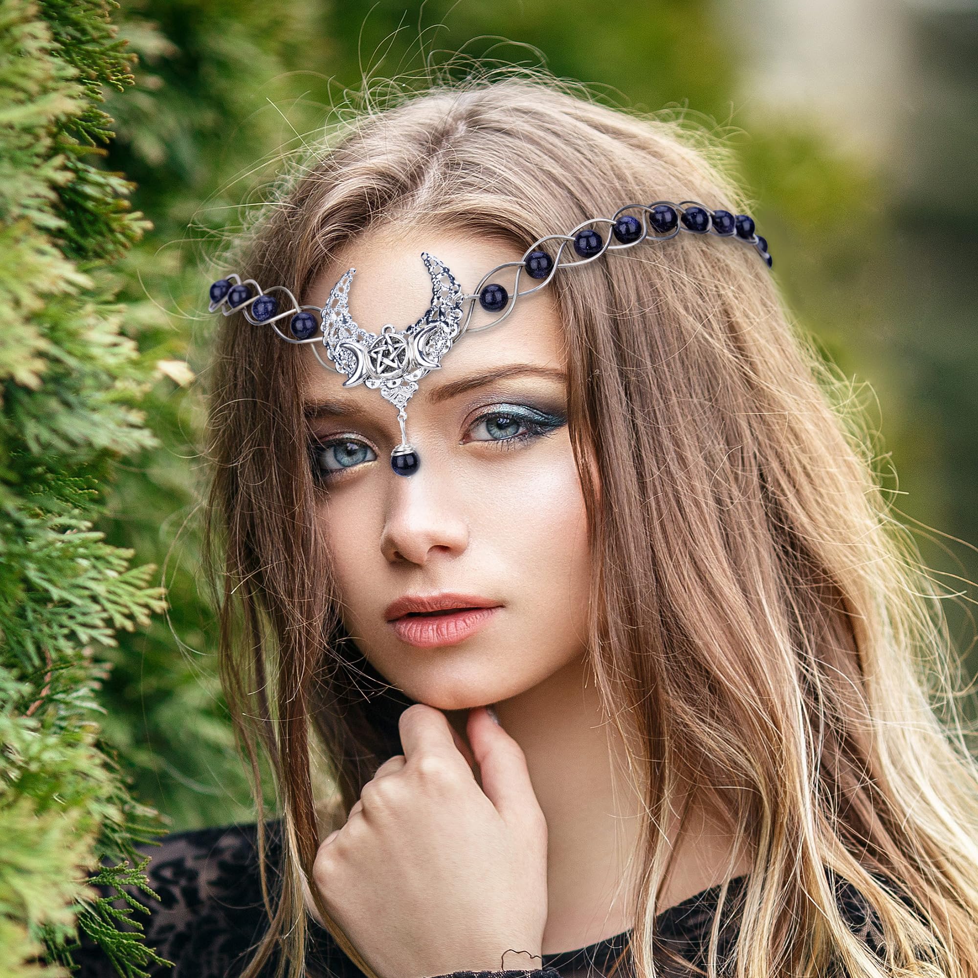 Silver Moon Viking Crown - Medieval Fairy Circlet Headpiece with Natural Crystals | Renaissance Festival, Celtic Wedding, Rave Party Costume Accessory | Perfect for Cosplay, LARP, and Fantasy Events