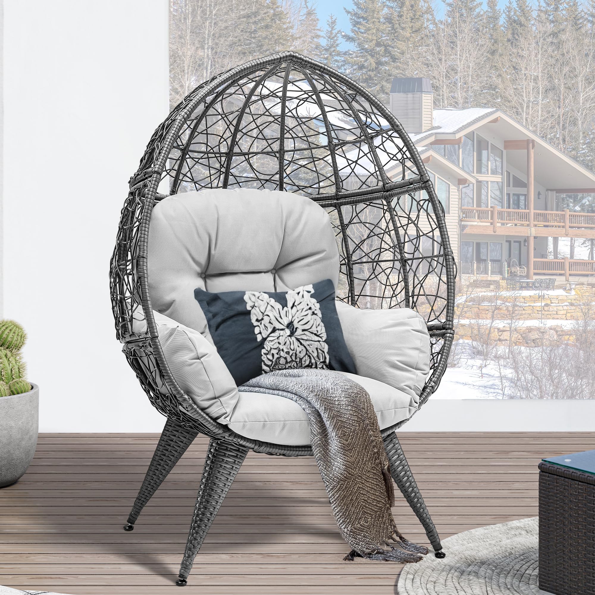 YITAHOME Oversized Wicker Egg Chair with Stand - 330lbs Capacity Indoor/Outdoor Hanging Lounger with Cushion & Leveling Feet - Perfect for Patio, Bedroom, Living Room, Garden, Backyard & Balcony (Grey) | Relaxing Reading Nook & Cozy Conversation Spot