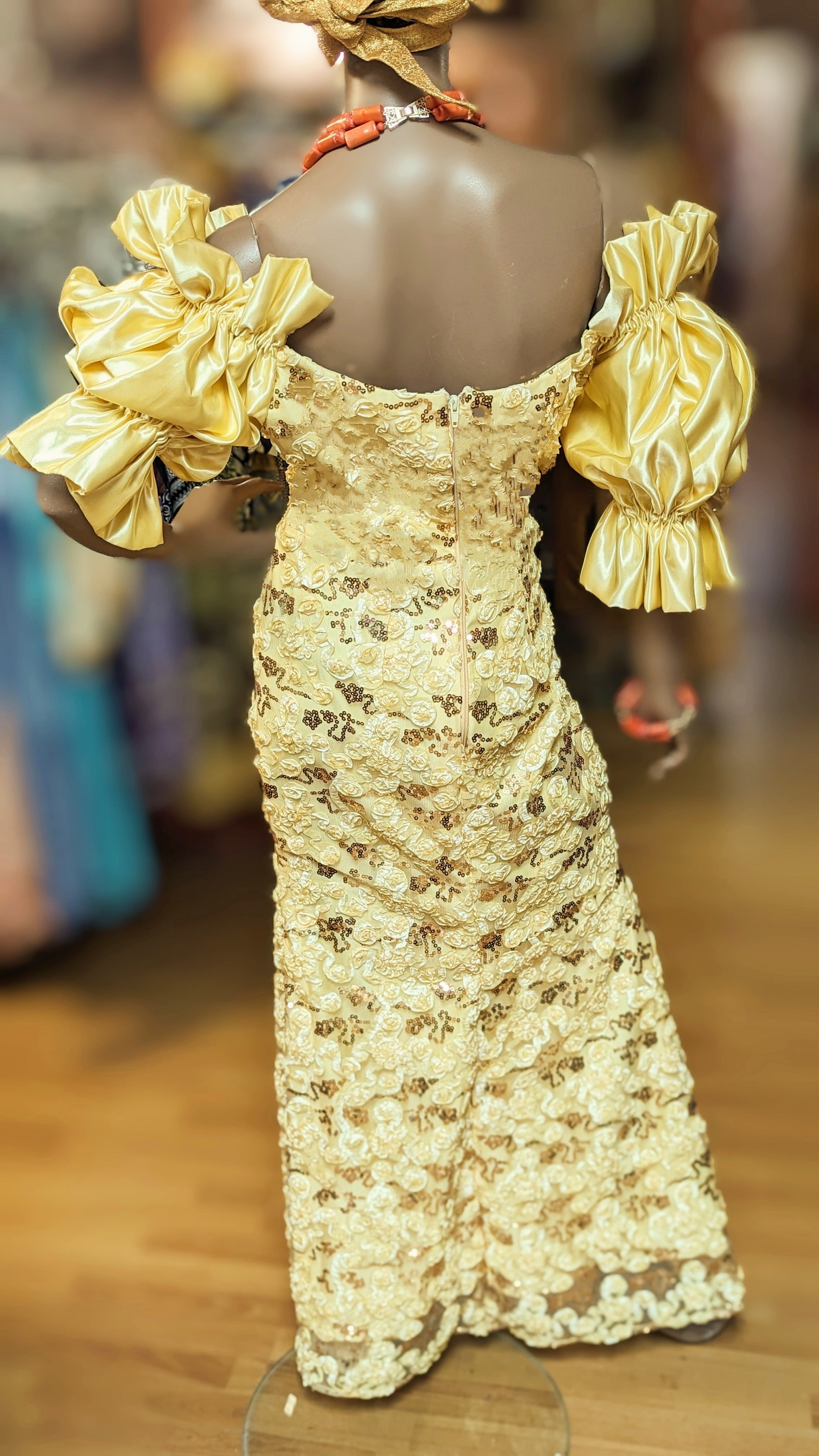 Elegant Ahebi Yellow Cream African Off Shoulder Dress with Gold Sequin Embellishments - Women's Party Wear for Weddings, Evening Events & Special Occasions