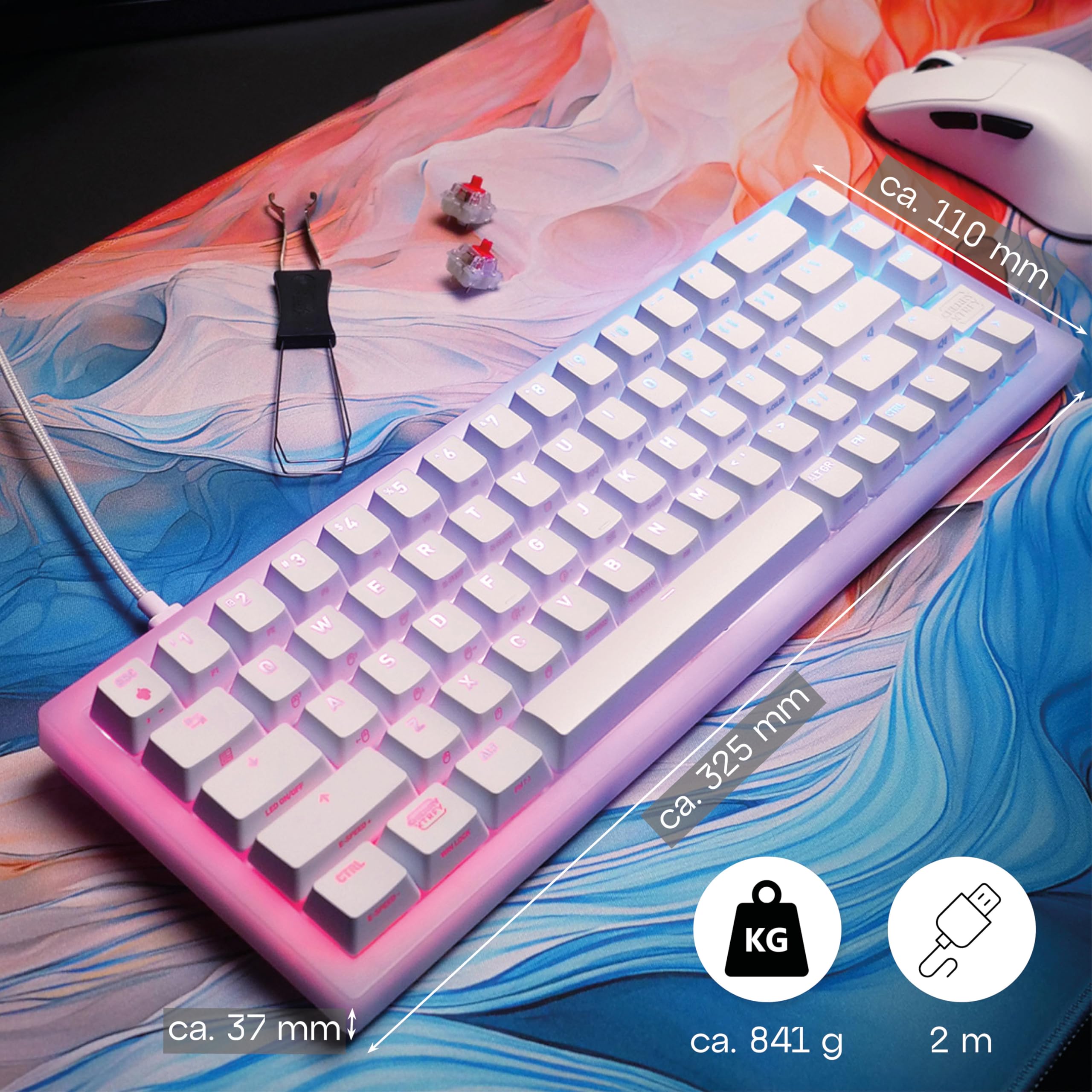XTRFY K5V2 Compact 65% Mechanical Gaming Keyboard - German QWERTZ Layout, Hot-Swappable MX2A Red Switches, White Transparent Design for Esports & Office Use