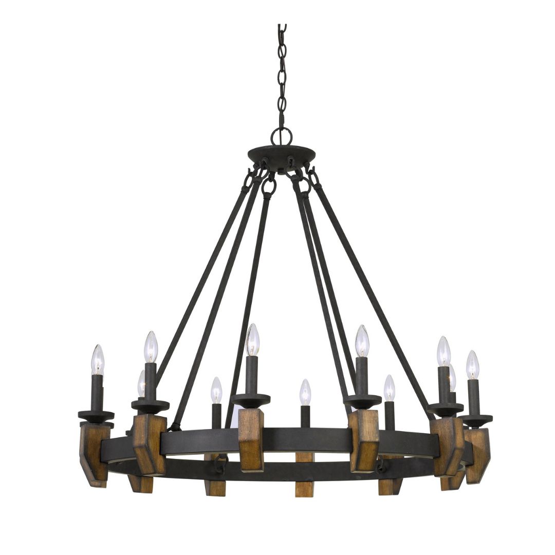 Cal Lighting 60W X 12 Cruz Metal and Wood Chandelier - Modern Farmhouse Ceiling Light Fixture for Dining Room, Living Room, Bedroom & Kitchen Decor
