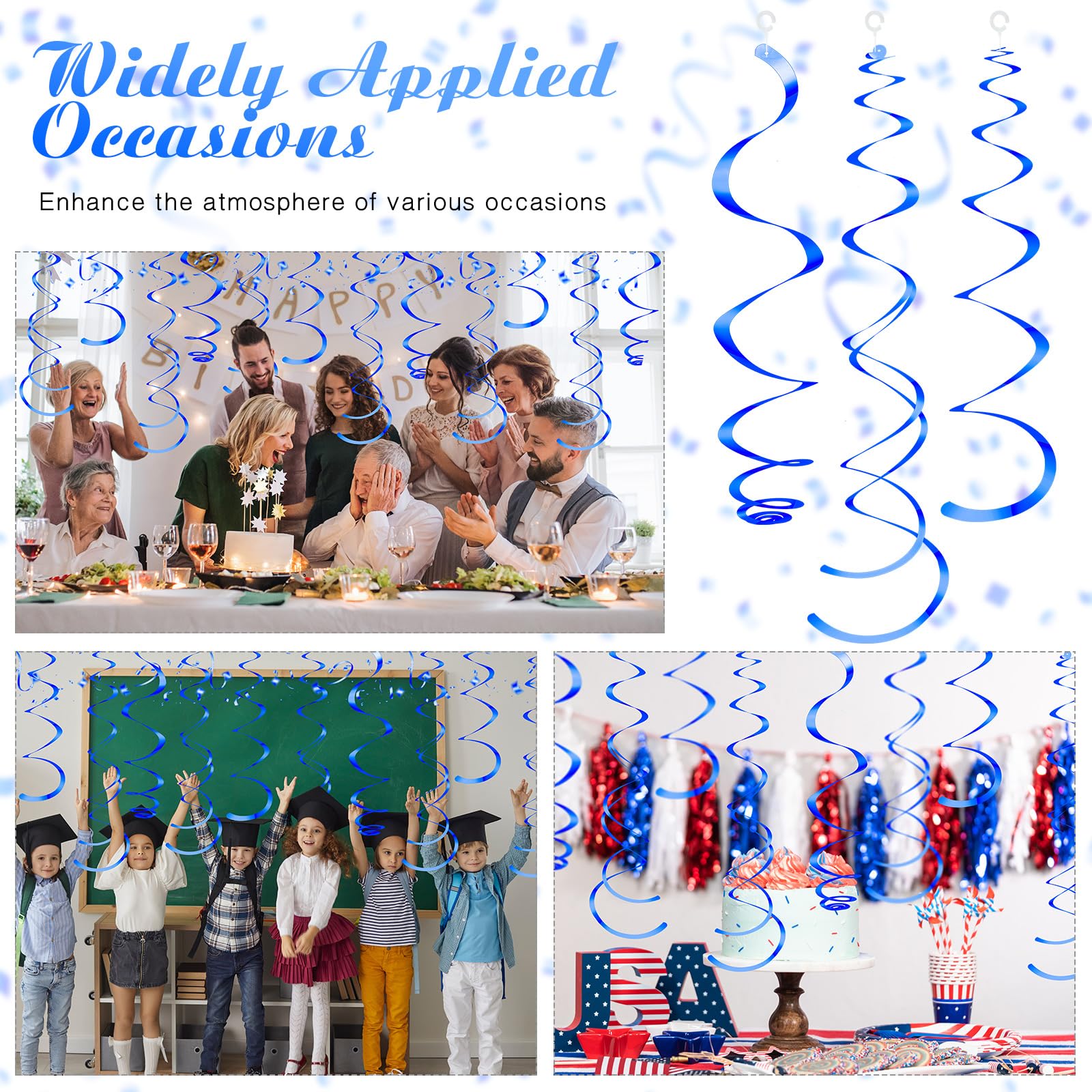 36 Pcs Blue Hanging Swirl Party Decorations - Plastic Streamer Swirls & Spiral Ceiling Decor for Birthday, Wedding, Baby Shower, Graduation - Perfect for Indoor & Outdoor Party Backdrops