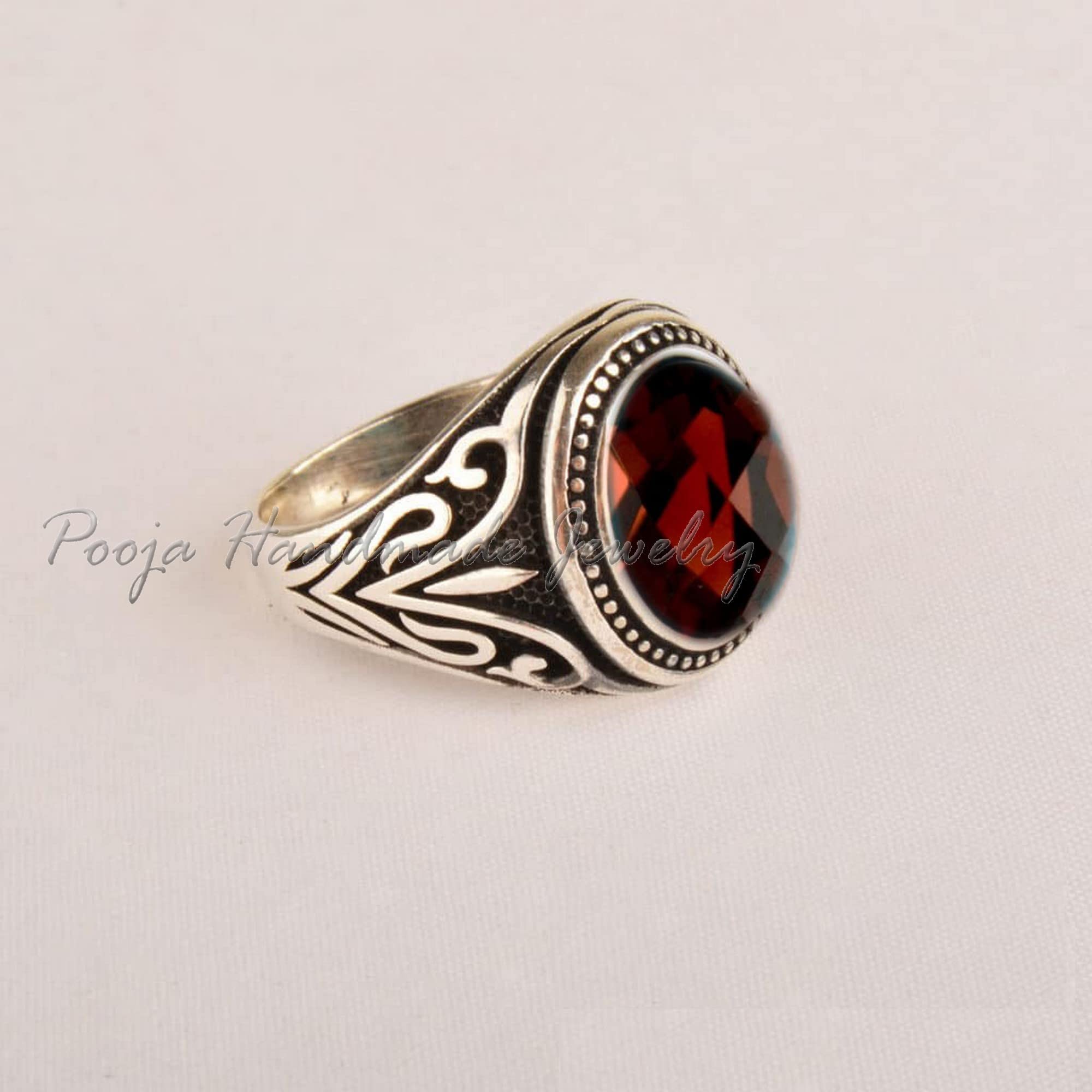 Red Garnet Gemstone Ring for Men - 925 Sterling Silver Oxidized Ottoman Style Ring with Healing & Protection Powers - Elegant Gift for Him - Perfect for Weddings, Anniversaries & Spiritual Healing