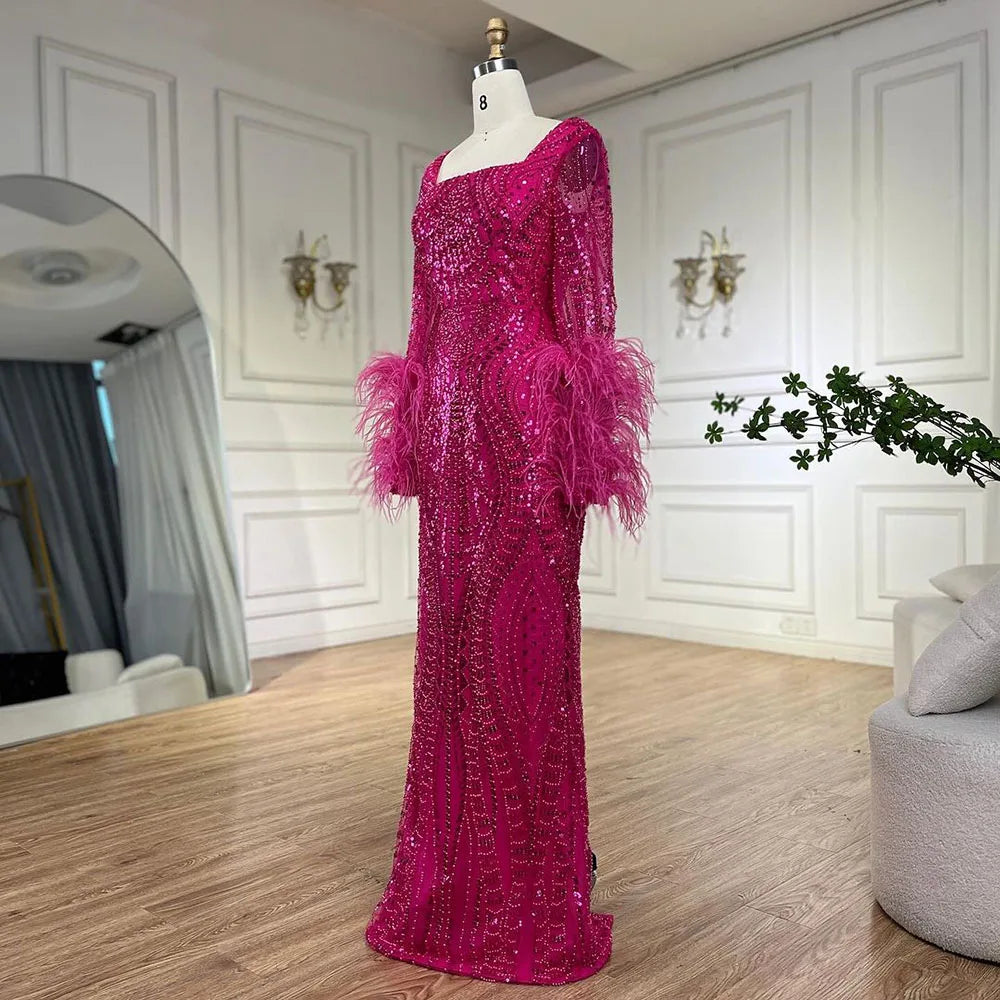 Elegant Fuchsia Dubai Evening Gowns with Long Sleeves - LA72565 for Formal Events, Galas & Special Occasions