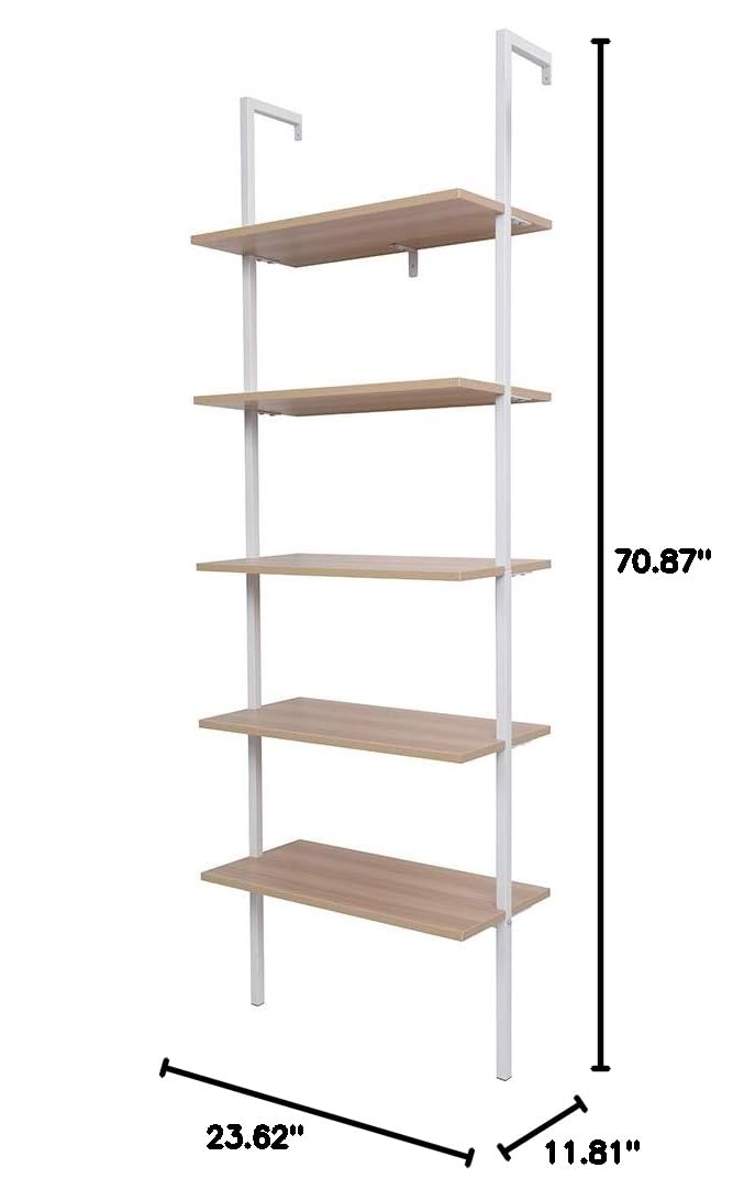 5-Tier Industrial Ladder Shelf - Wall Mounted Bookcase & Display Storage Rack with Metal Frame for Plants, Books & Home Decor - Perfect for Living Room, Kitchen, Office & Small Spaces (Walnut Finish)