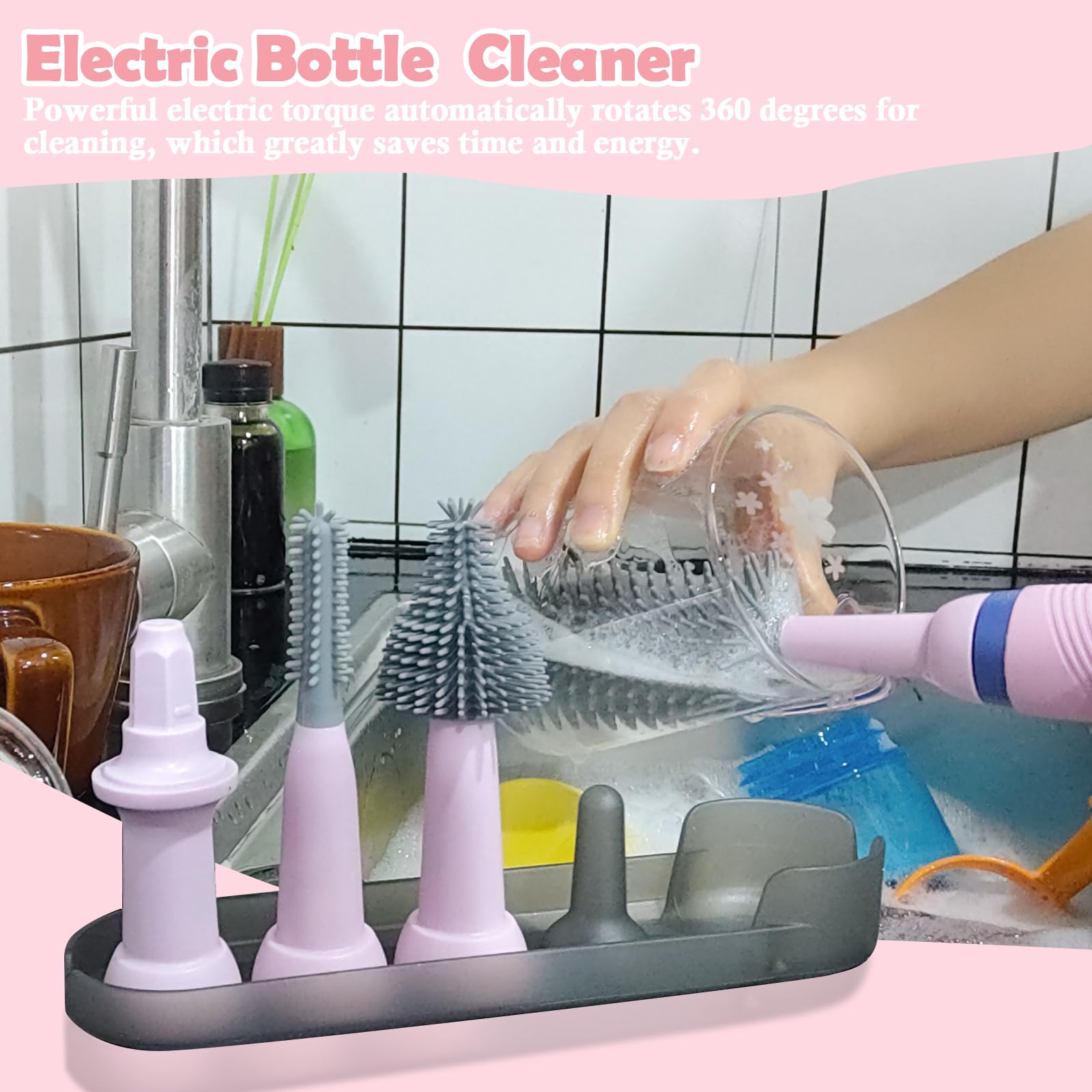 Electric Bottle Brush Set with Extendable Handle - for Water Bottles, Nipples & Straws - Home & Travel Use