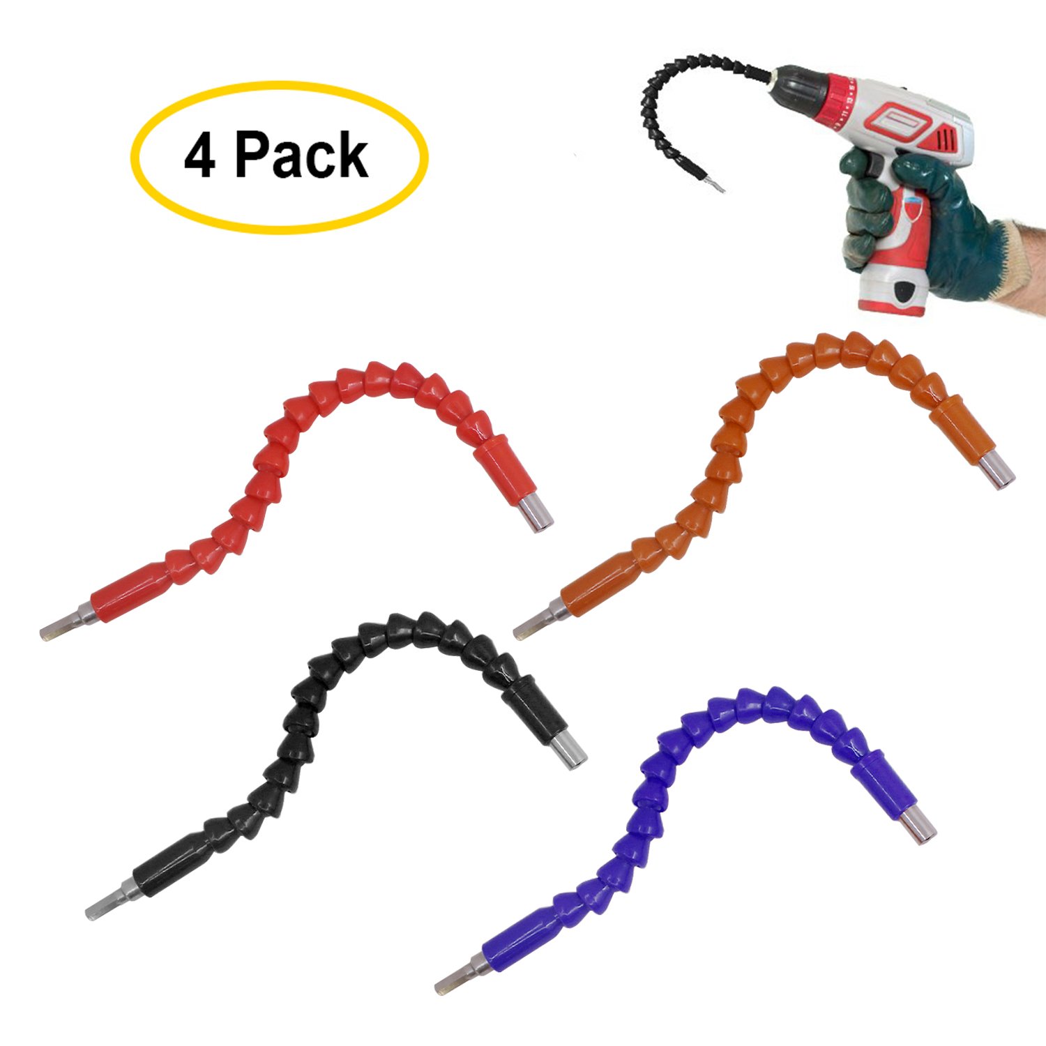 4 Pcs Flexible Drill Bit Extension Set - 11.6 Inch Screwdriver Soft Shafts for Tight Spaces, Universal Drill Connection in Black, Red, Blue & Orange - Perfect for DIY Projects, Home Repairs & Electrical Work