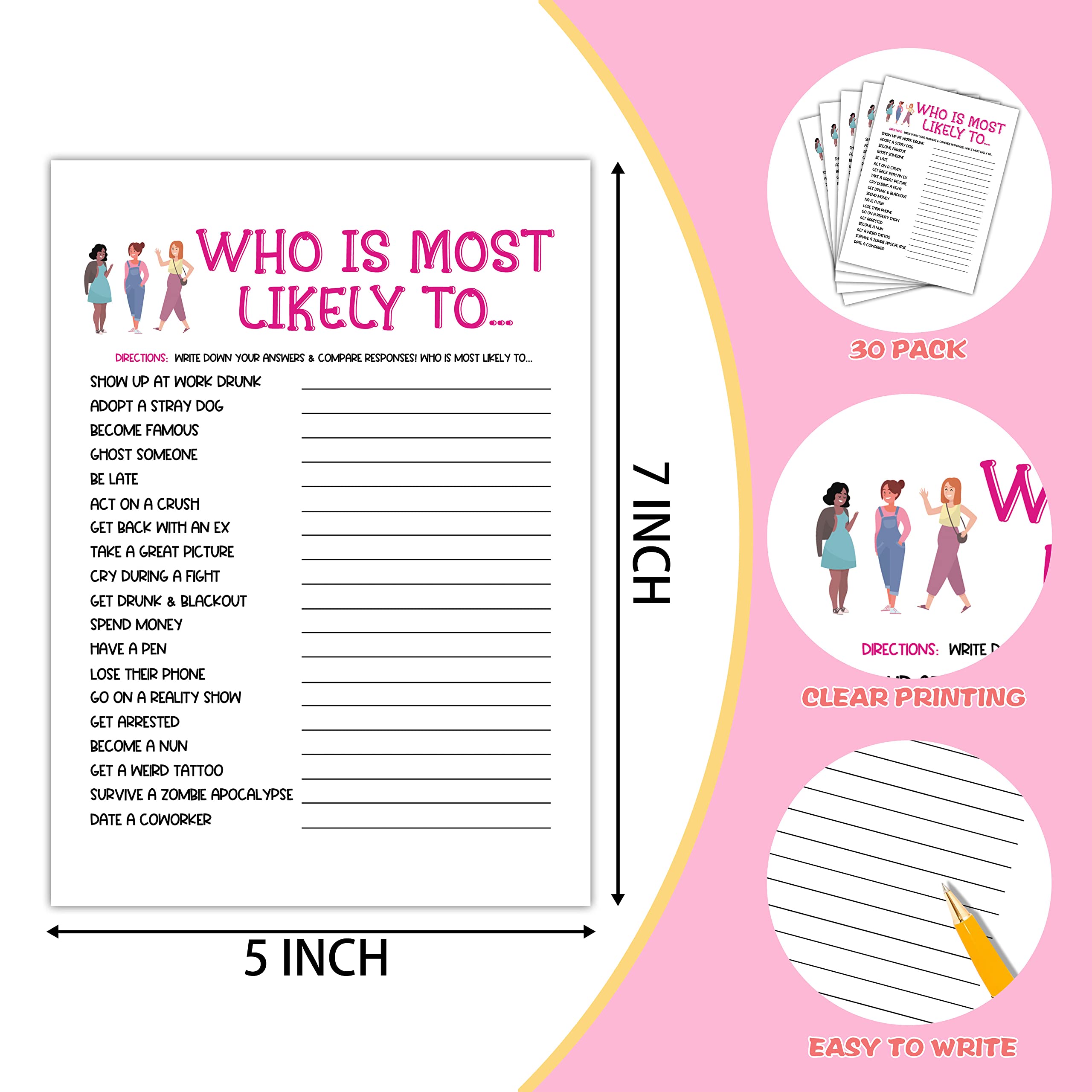 Fun Girls Night Party Game Pack - Who I Most Likely To Game for Ladies Night, Bachelorette Party & Bridal Shower - 30 Hilarious Adult Game Cards for Women's Gatherings, Sleepovers & Girls Night In