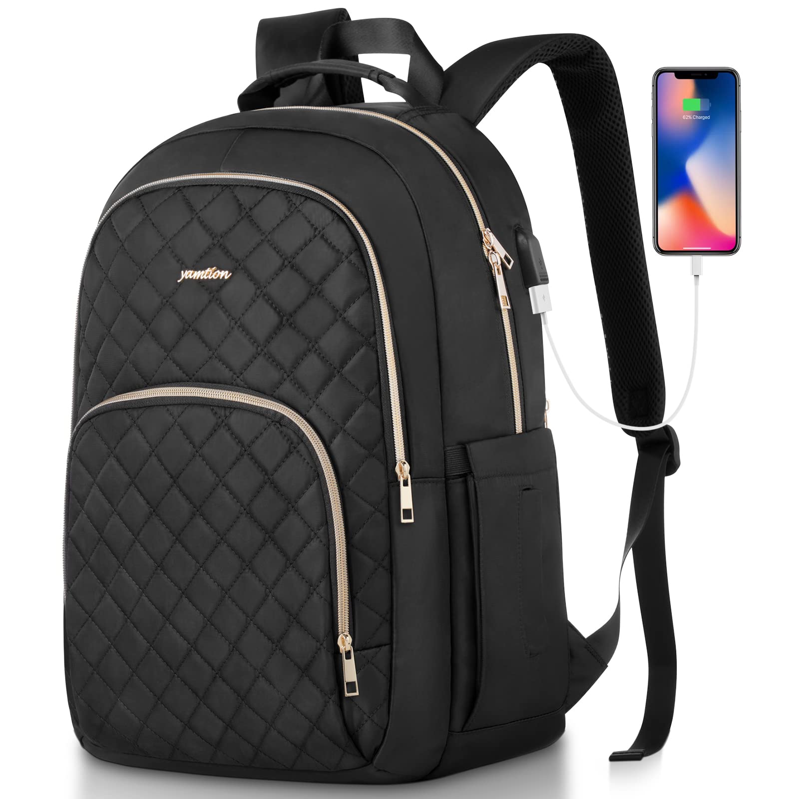 YAMTION Women's Black Backpack with USB Charger - Stylish School Backpack for College, Travel & Work - Perfect for University Students, Office Professionals & Daily Commuters