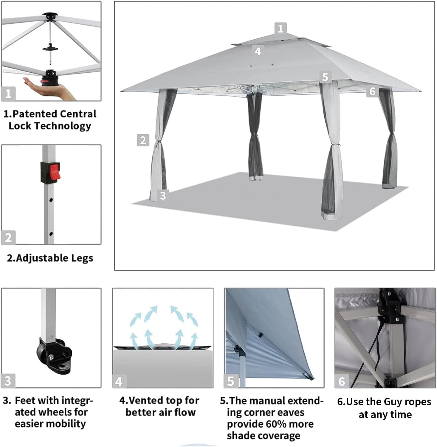 CROWN SHADES 13x13 Pop Up Gazebo Canopy Tent - Waterproof Outdoor Patio Shade Shelter with Wheeled Carry Bag - Perfect for Backyard BBQs, Beach Parties, Camping & Outdoor Events (Grey)