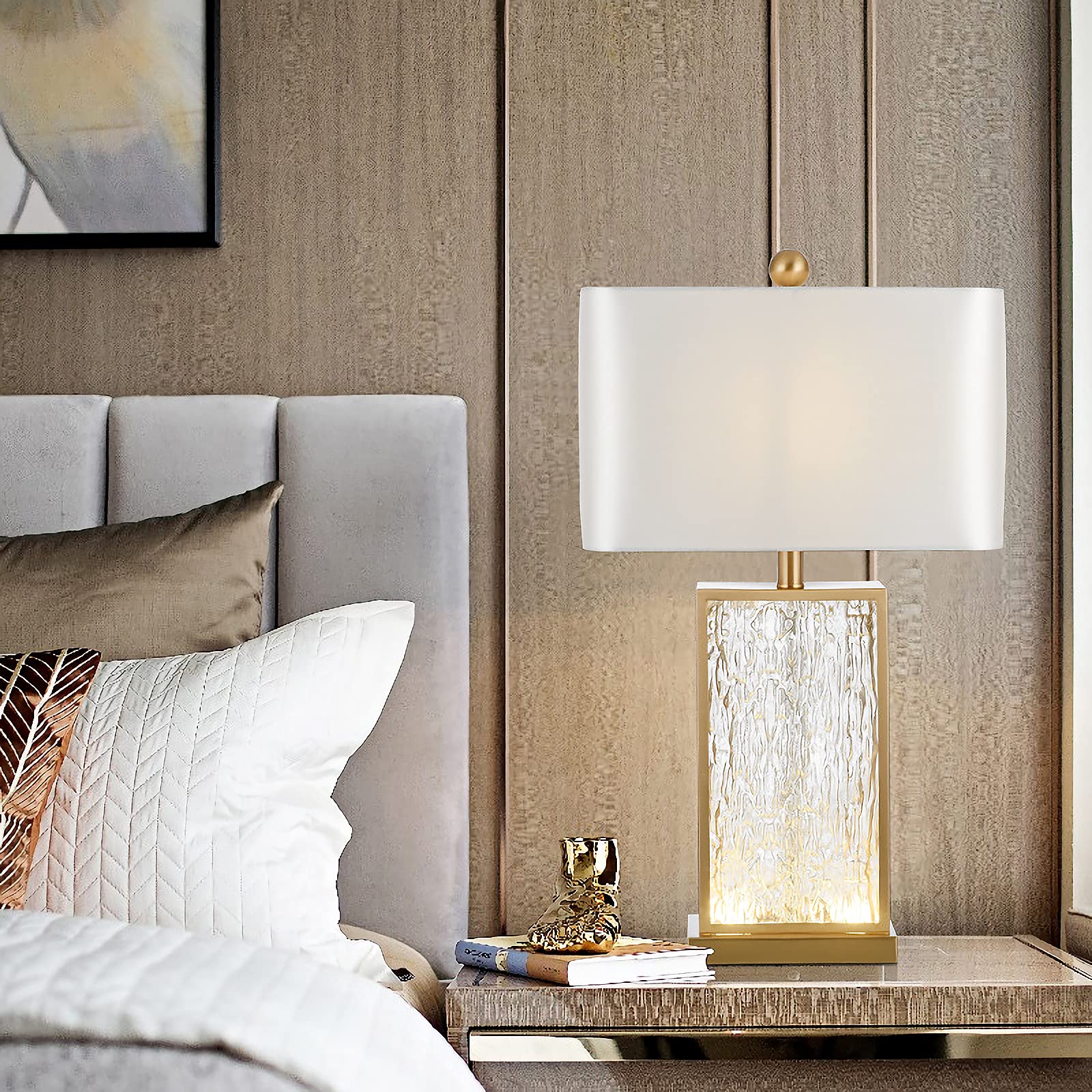 Modern Luxury Glazed Glass Table Lamp with Metal Base - Elegant Bedside Lighting for Bedroom & Living Room - Perfect for Reading, Relaxing & Home Decor