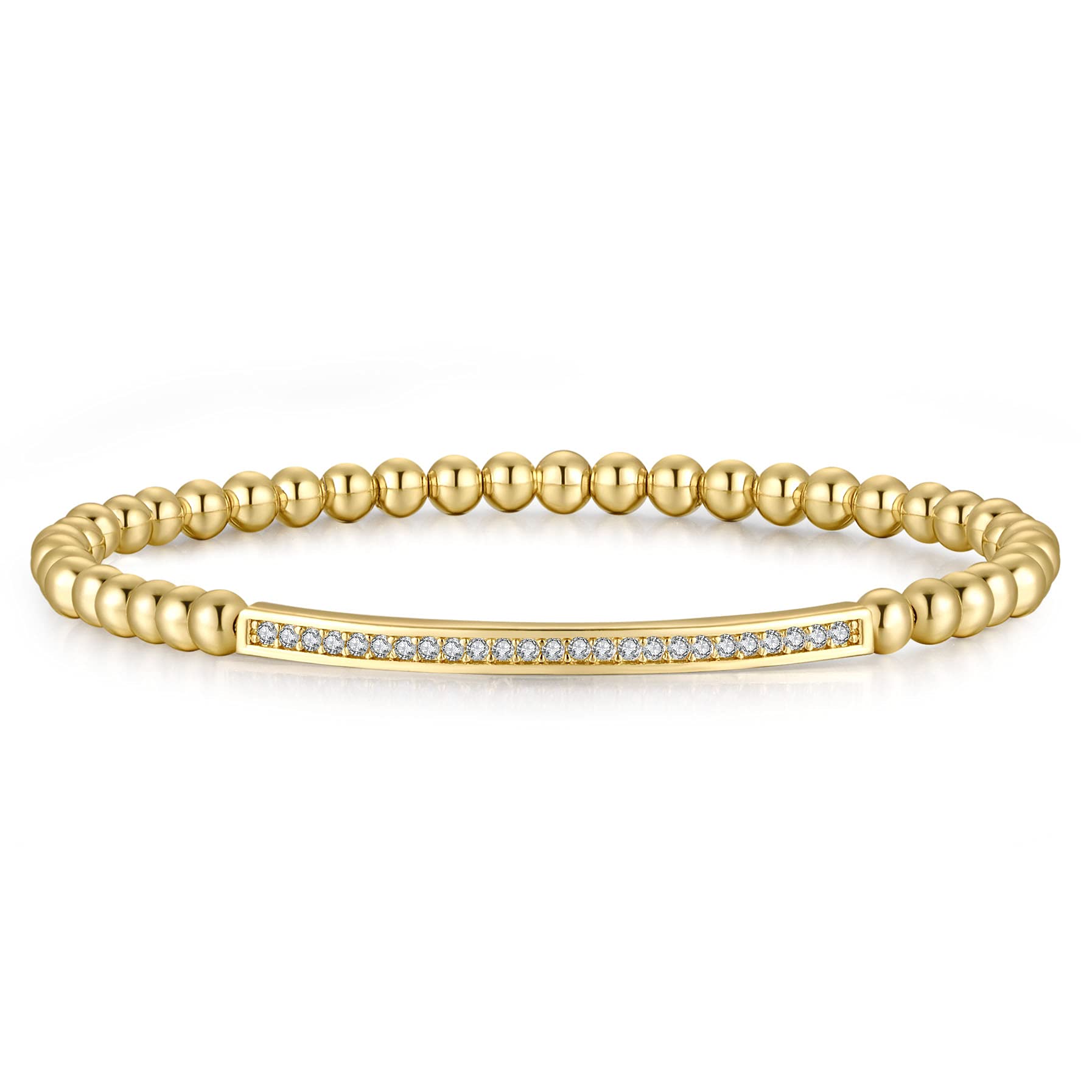NUZON 4mm Gold Beaded Chain Bracelet for Women - 18K Gold Plated Cubic Zirconia Curved Bar Bracelet with Stretch/Lobster Clasp Options - Elegant Jewelry for Everyday Wear, Parties & Gifts