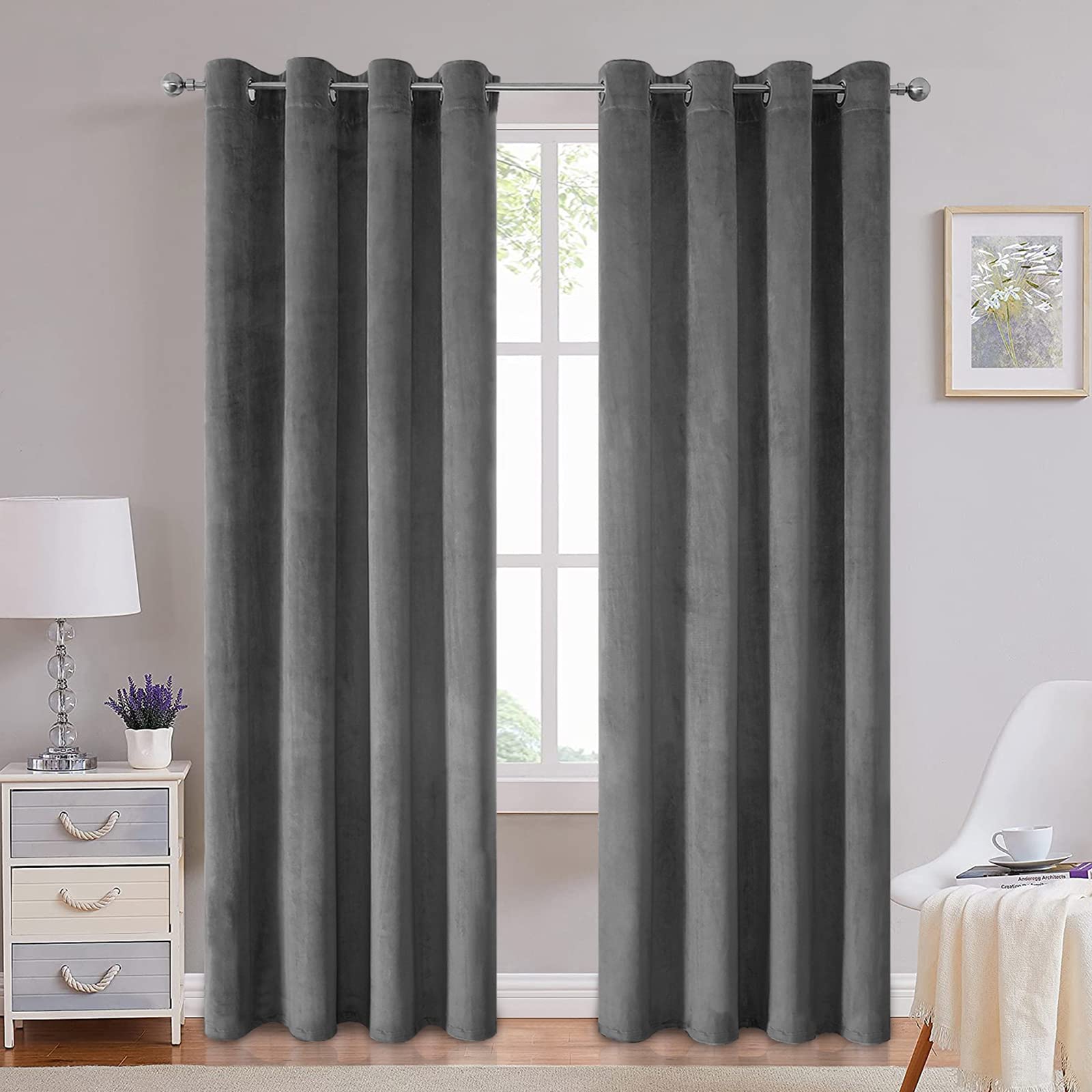 Luxury Blackout Velvet Curtains - 84 Inch Thermal Insulated Room Darkening Drapes for Living Room, Bedroom & Dining Room (2 Panels, Dark Gray) | Super Soft Soundproof Window Treatments for Sliding Doors & Home Theater
