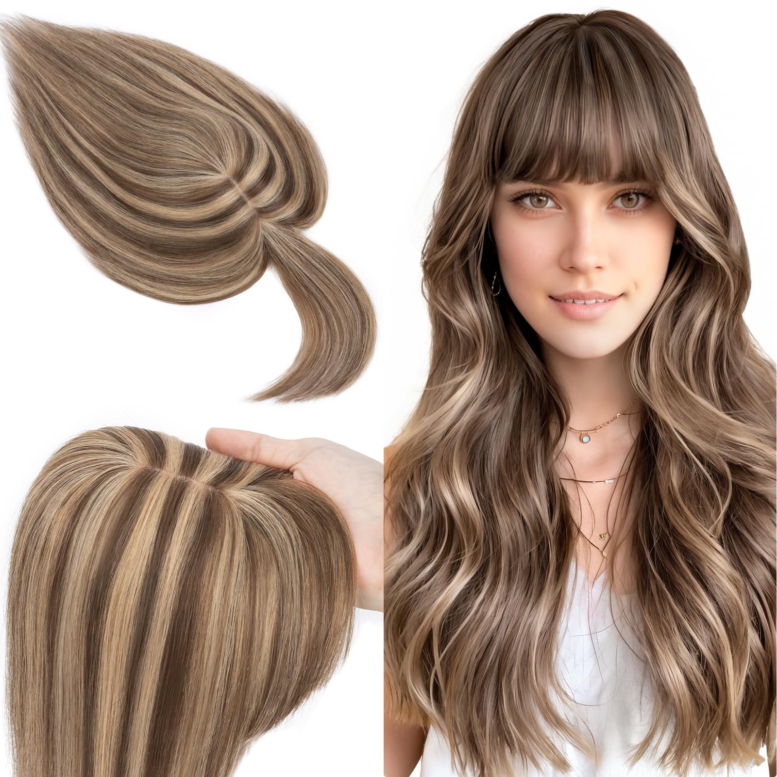 SEGO 100% Real Human Hair Toppers with Bangs - Silk Base 150% Density Clip-in Hairpiece (2.7”x5.1”) for Women with Thinning Hair & Hair Loss - Covers Gray Hair - Perfect for Daily Wear, Special Occasions & Hair Volume Enhancement