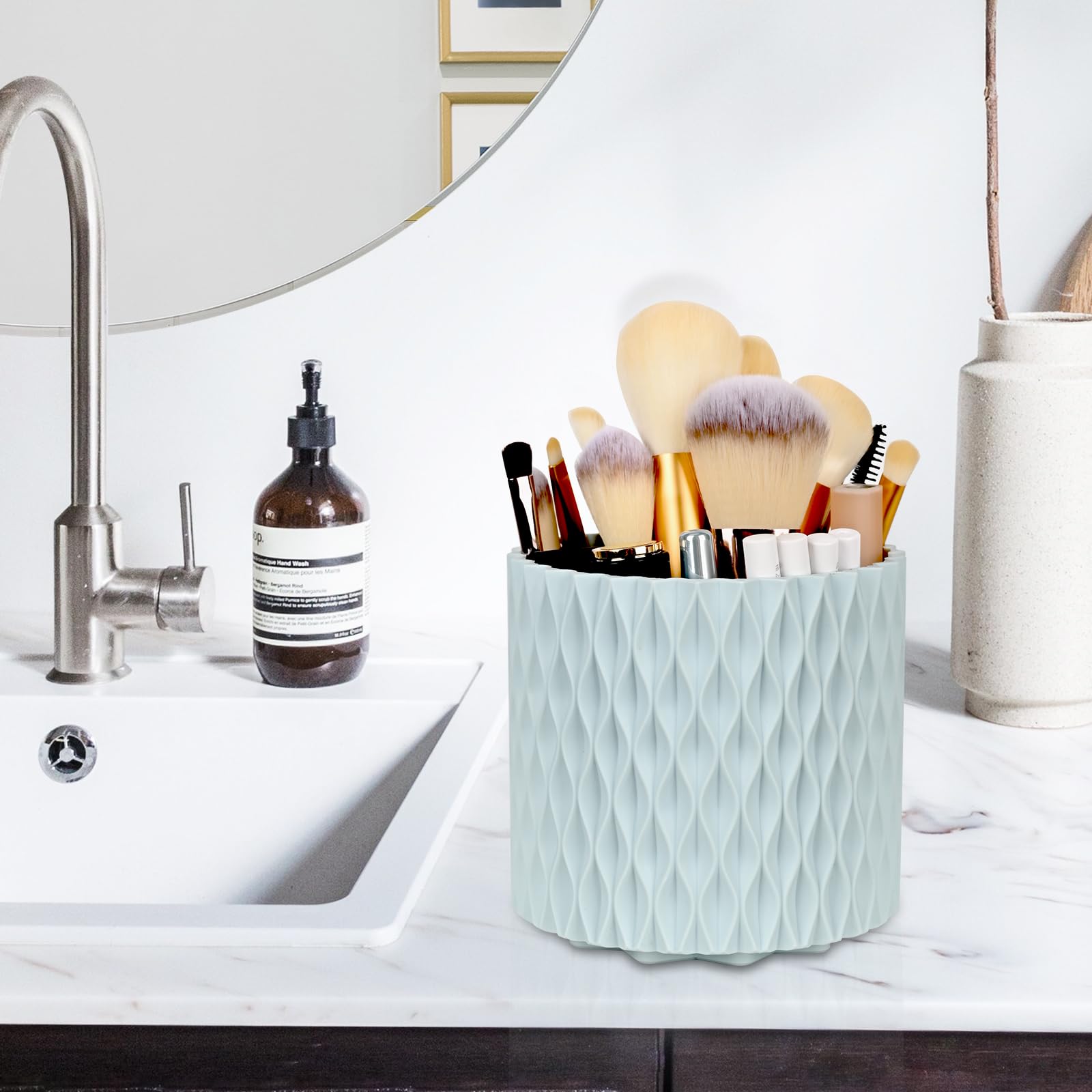 360° Rotating Makeup Brush Holder - 5 Slot Cosmetic Organizer for Vanity, Bathroom & Desktop | Classic Haze Blue Design | Perfect for Makeup Brushes, Eyeliners & Beauty Tools Storage