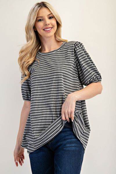Celeste Gingham Print Blouse with Puff Sleeves - Plus Size Women's Fashion Top for Casual Wear & Summer Outfits