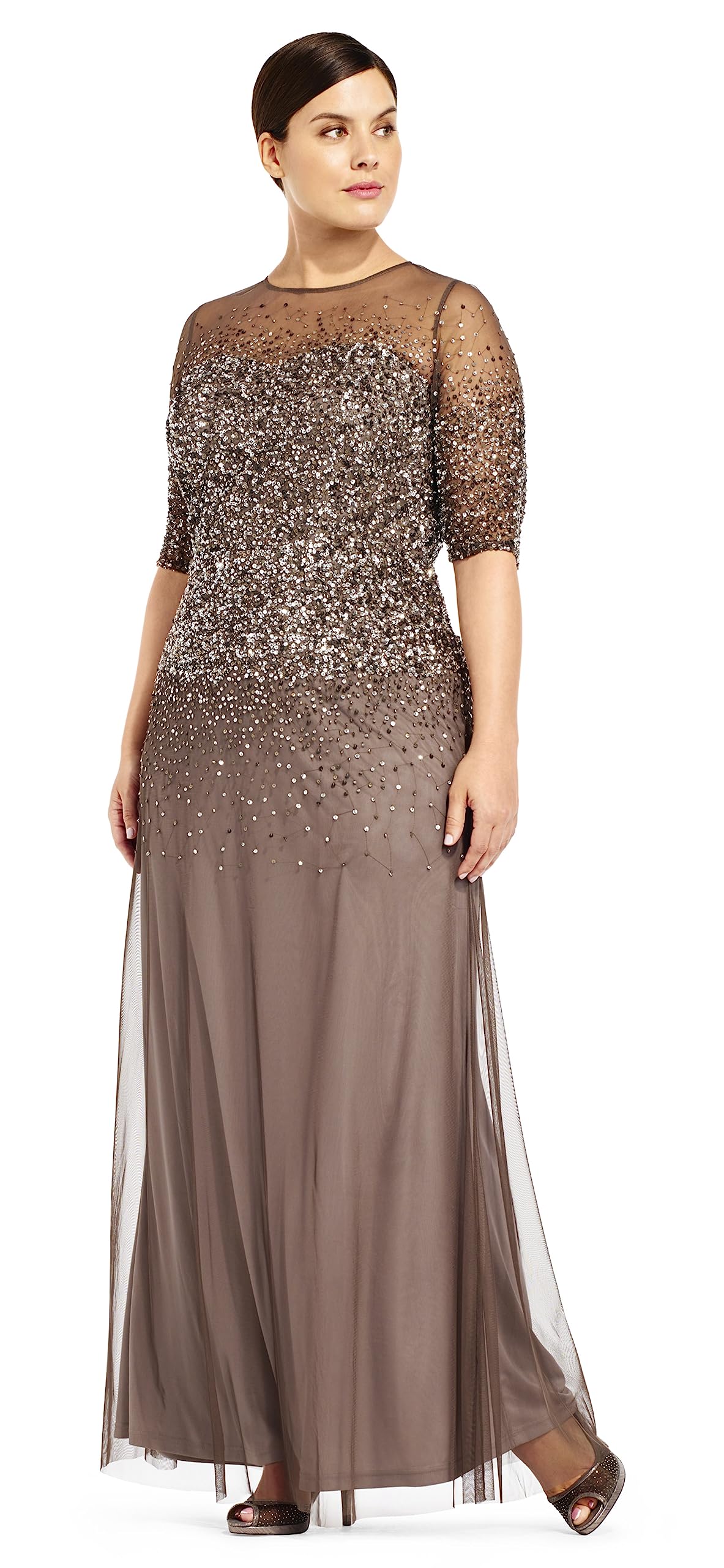 Adrianna Papell Women's Plus Size Beaded Illusion Gown - Elegant Evening Dress for Prom, Wedding & Special Occasions