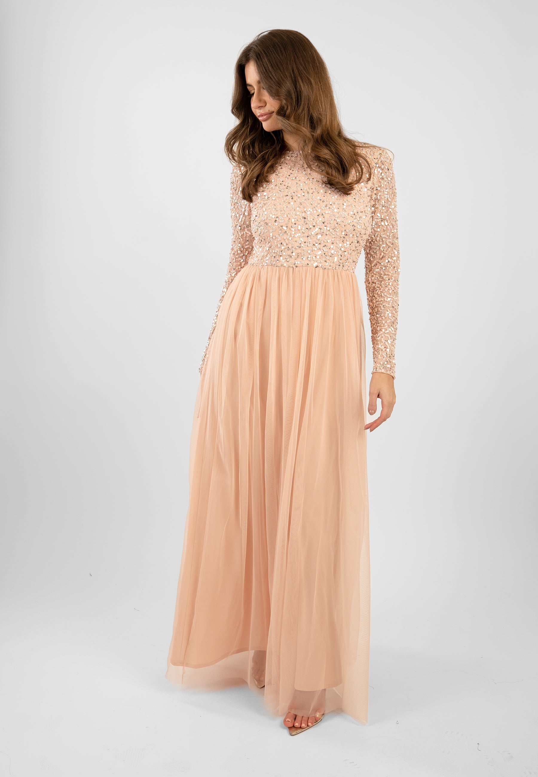 Elegant Belle Blush Pink Long Sleeve Bridesmaid Dress - Formal Wedding Party Gown for Bridesmaids, Evening Events & Special Occasions