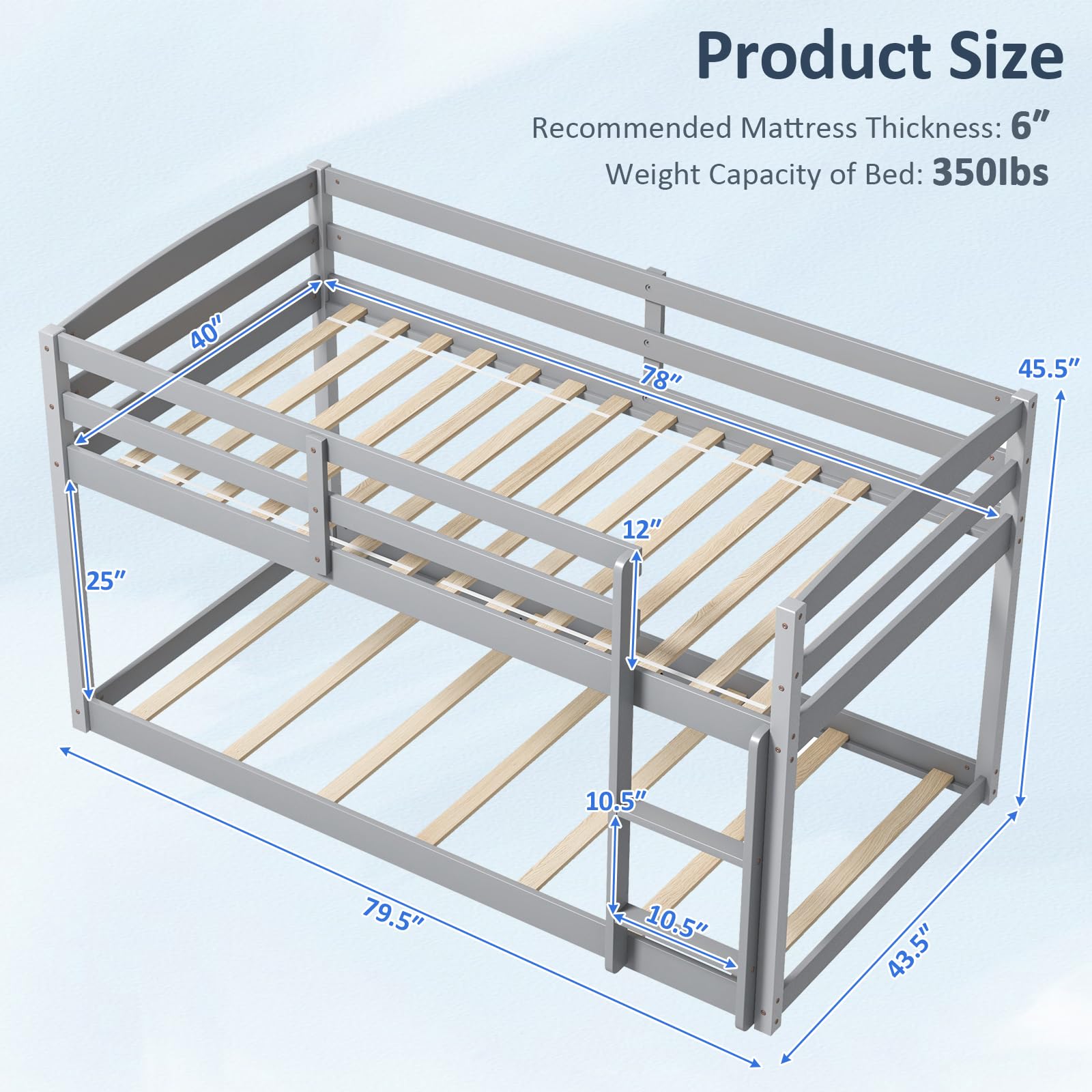Giantex Twin Low Bunk Bed Frame - Solid Wood Twin Over Twin Bunk Bed with Full Guardrails & Built-in Ladder - Kids Bunk Beds for Boys and Girls - No Box Spring Required - Grey - Perfect for Small Bedrooms, Shared Kids Rooms, and Space-Saving Sleep Solutions
