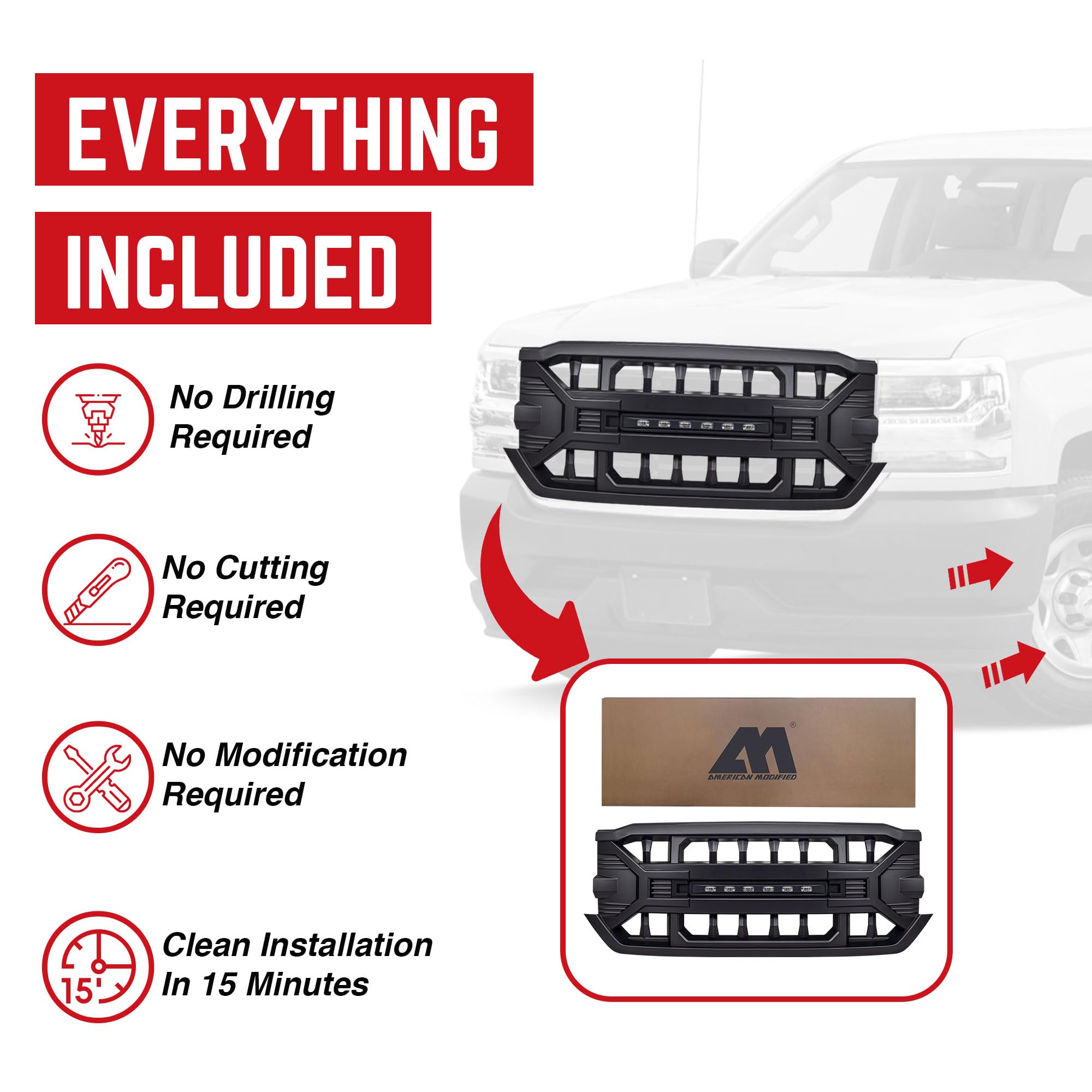 Heavy Duty AMERICAN MODIFIED Armor Grille with Off-Road LED Light Bar | Compatible with 2016-2019 Chevrolet Silverado 1500 | Matte Black Finish | Perfect for Off-Roading, Truck Customization & Night Driving