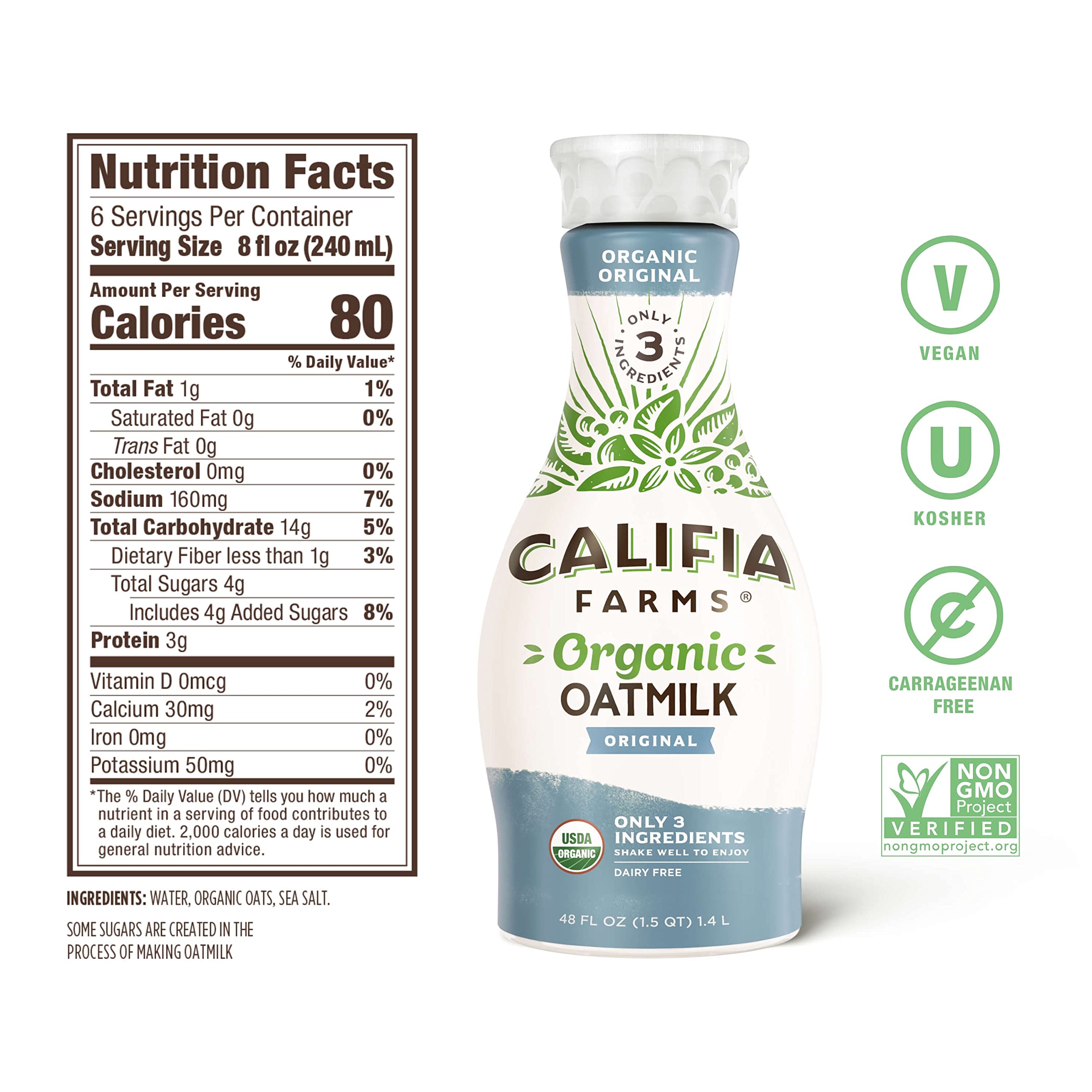 Califia Farms Organic Original Oat Milk 48oz - Dairy Free, Vegan, Non-GMO, USDA Certified Plant-Based Milk Alternative - Perfect for Coffee, Cereal & Smoothies