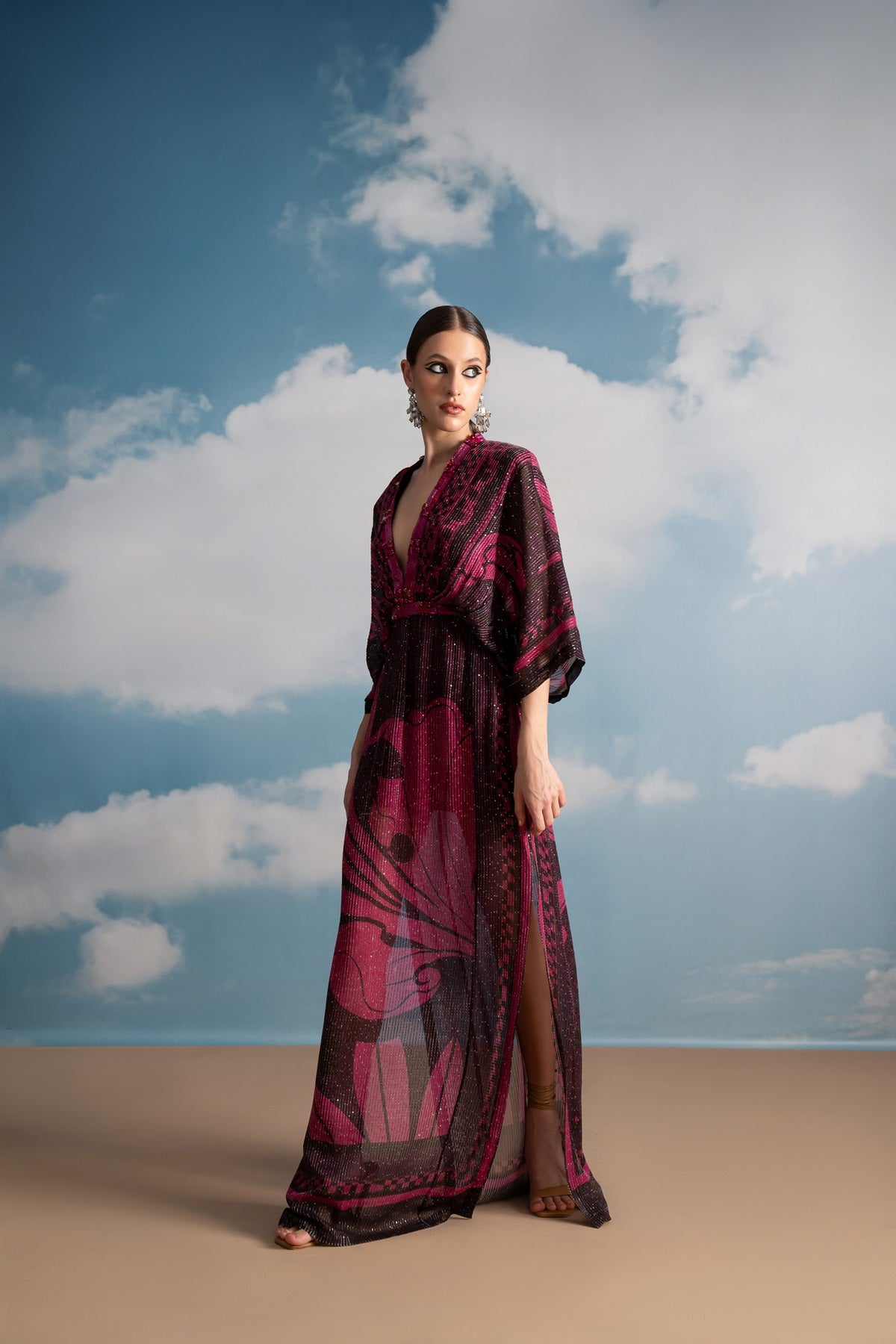 Elegant Fuchsia Pink Swirl Printed Kaftan with Beaded Embroidery - Perfect for Beach Cover-Up, Summer Parties & Boho Fashion