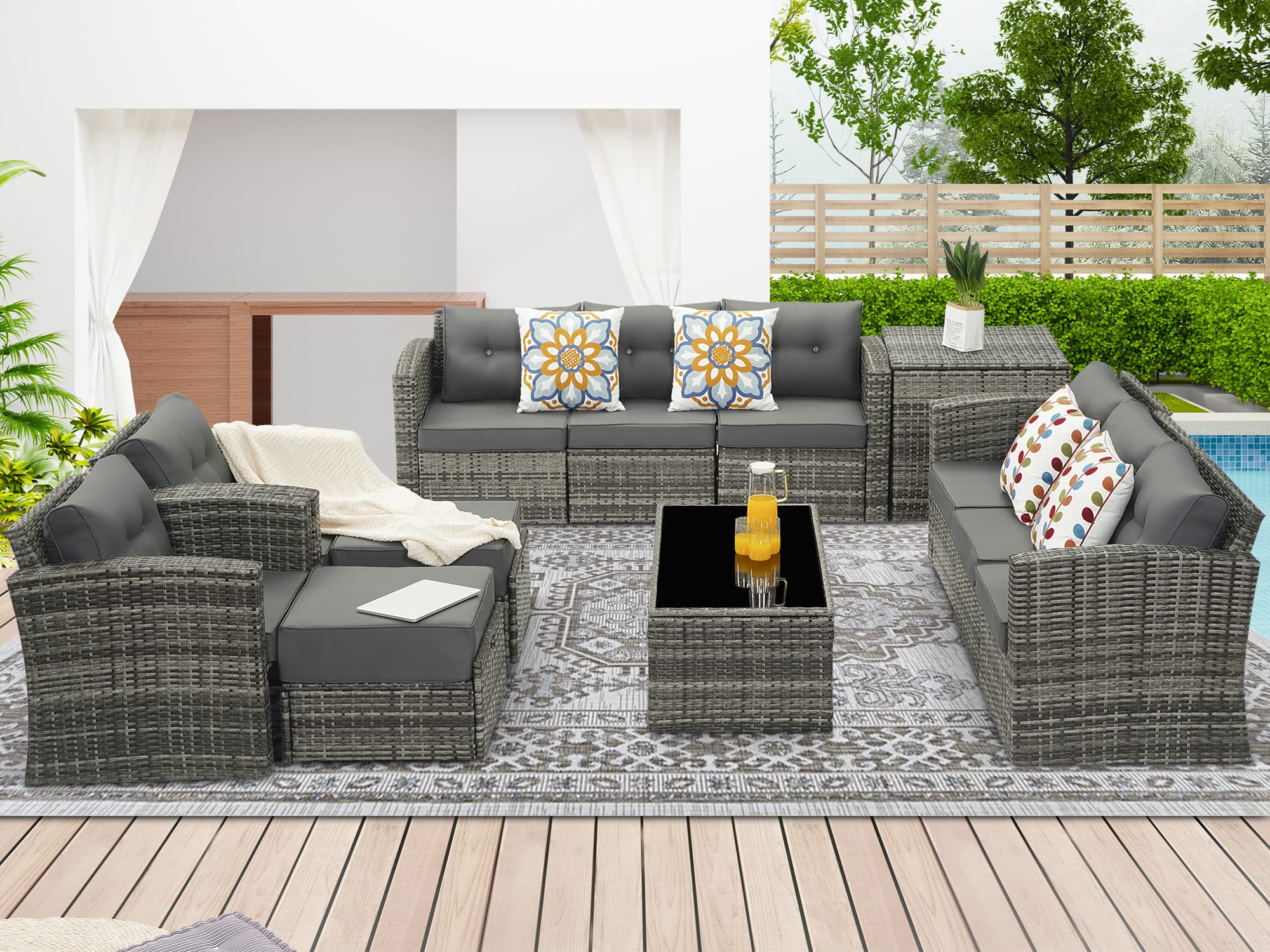 12-Piece Aluminum Outdoor Patio Conversation Set - All-Weather Grey Wicker Rattan Sectional Sofa with Dark Grey Cushions & Storage Box - Perfect for Backyard, Garden, Poolside & Terrace Relaxation