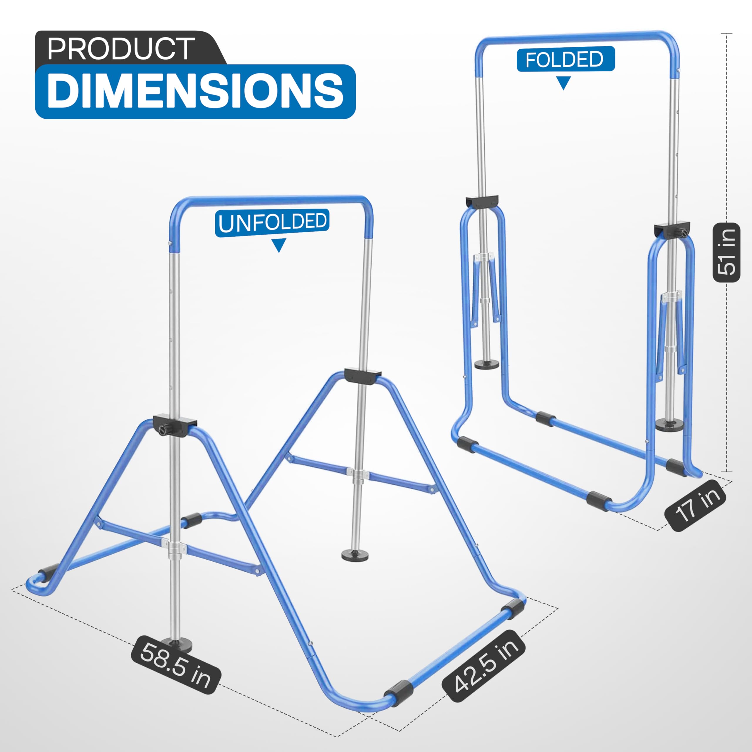 Premium Adjustable Gymnastics Bar for Kids Ages 6-14 | Heavy-Duty Steel Construction with Crystal Stone Finish | Foldable Home & Outdoor Horizontal Bar with Rings | Perfect for Backyard Training, Playground & Indoor Exercise
