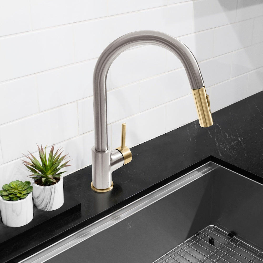 ZLINE Autograph Edition Gemini Pull Down Single Handle Kitchen Faucet in Brushed Nickel & Champagne Bronze - High Arc Modern Design for Easy Cleaning | Perfect for Farmhouse, Commercial & Home Kitchens (GEM KF ZBNCB)