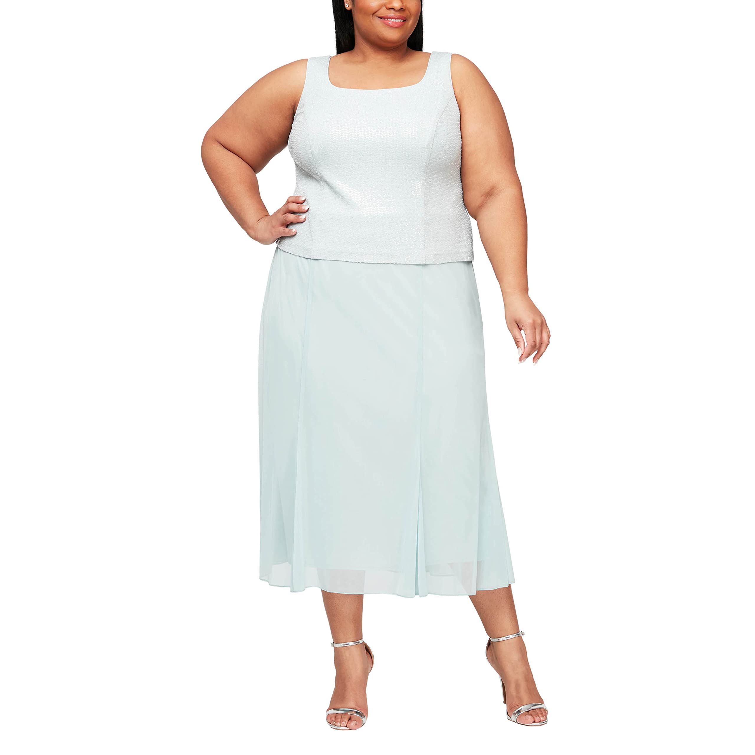 Alex Evenings Women's Plus Size Tea Length Button-Front Jacket Dress for Special Occasions - Mint Mandarin, Size 16 Plus | Perfect for Weddings, Parties & Formal Events