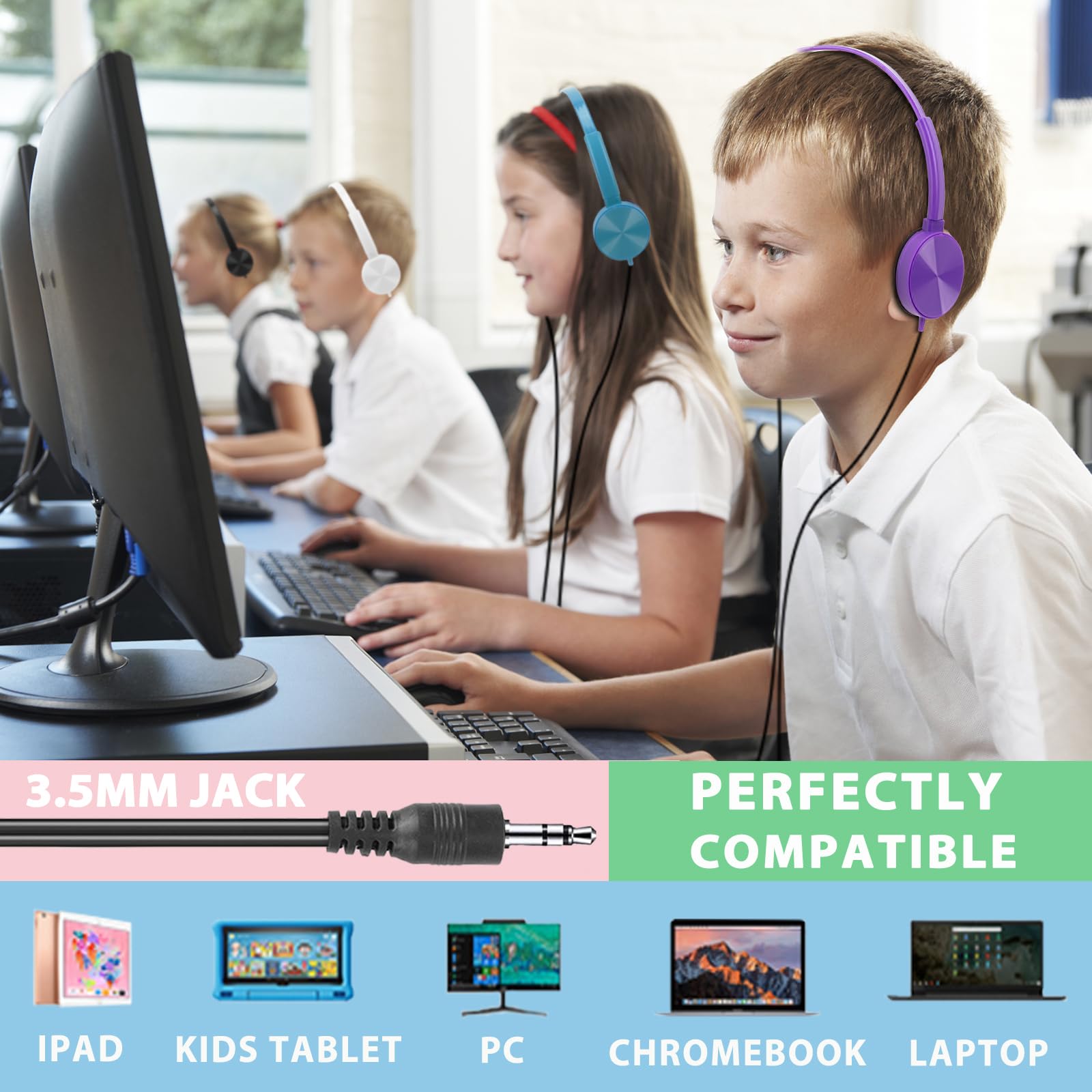8 Pack Kids Headphones Bulk for Classroom - Durable School Headphones for Students, Children & Teens - 8 Mixed Colors - Perfect for Classroom Learning, Online School & Homeschooling