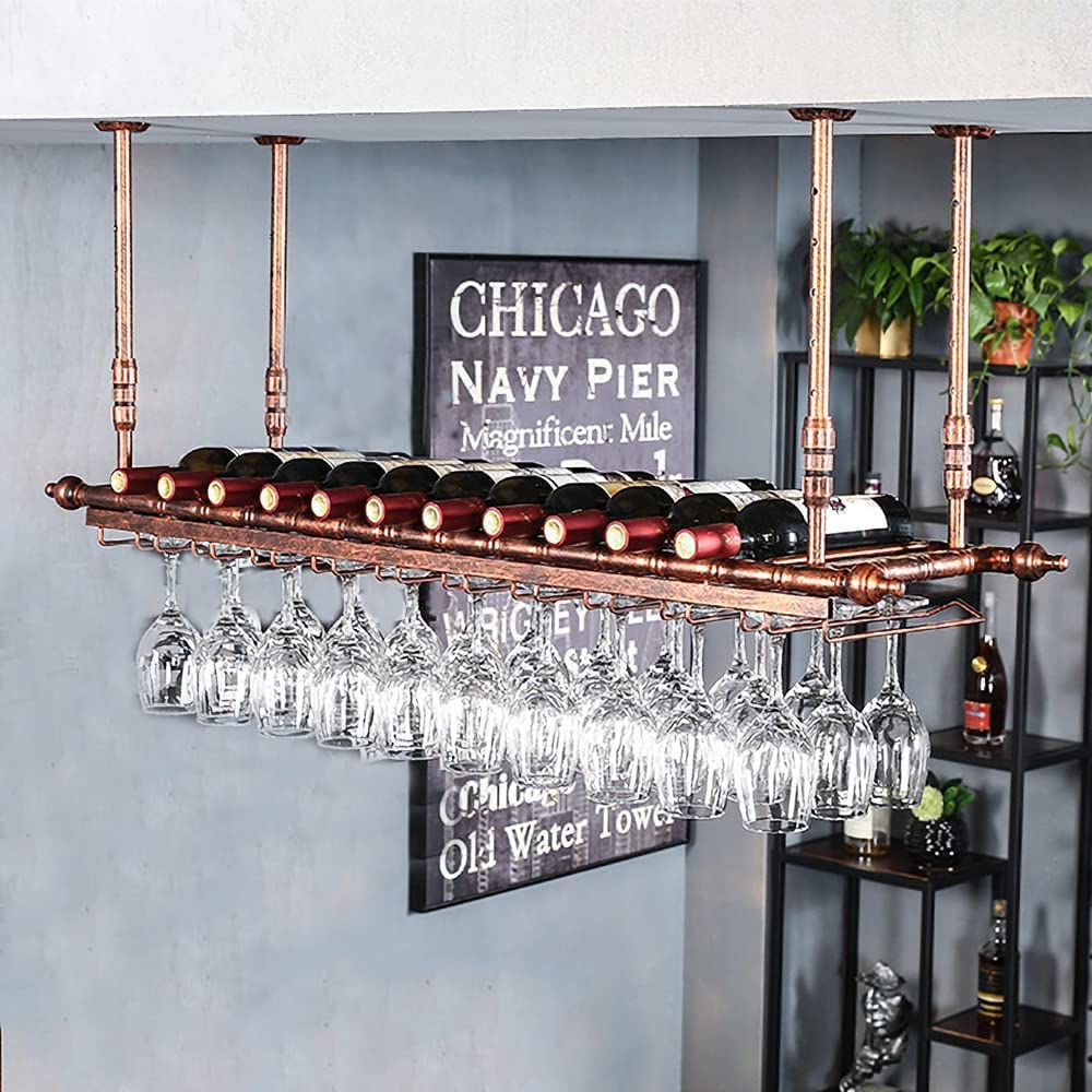 Rustic Wall Mounted Wine Rack with Adjustable Hanging Bar & Glass Holder - 47.2 Inch Bottle Shelf for Kitchen, Bar, Dining Room - Perfect for Home Decor & Wine Storage Organization