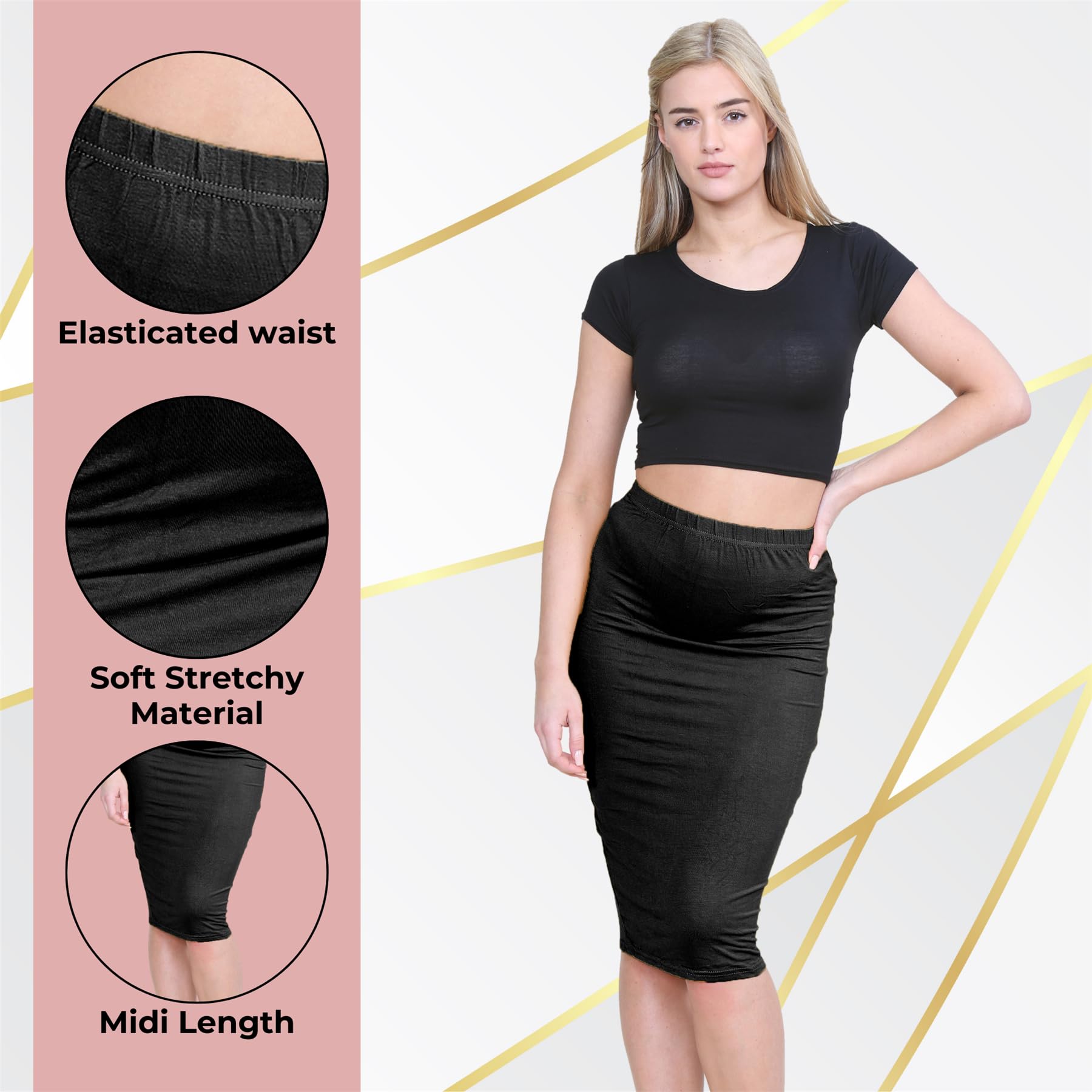 Janisramone® Women's Stretchy Midi Skirt - Elastic Waist, Soft Bodycon Pencil Skirt for Ladies - Summer Jersey Skirt | Perfect for Office, Date Night & Casual Outfits