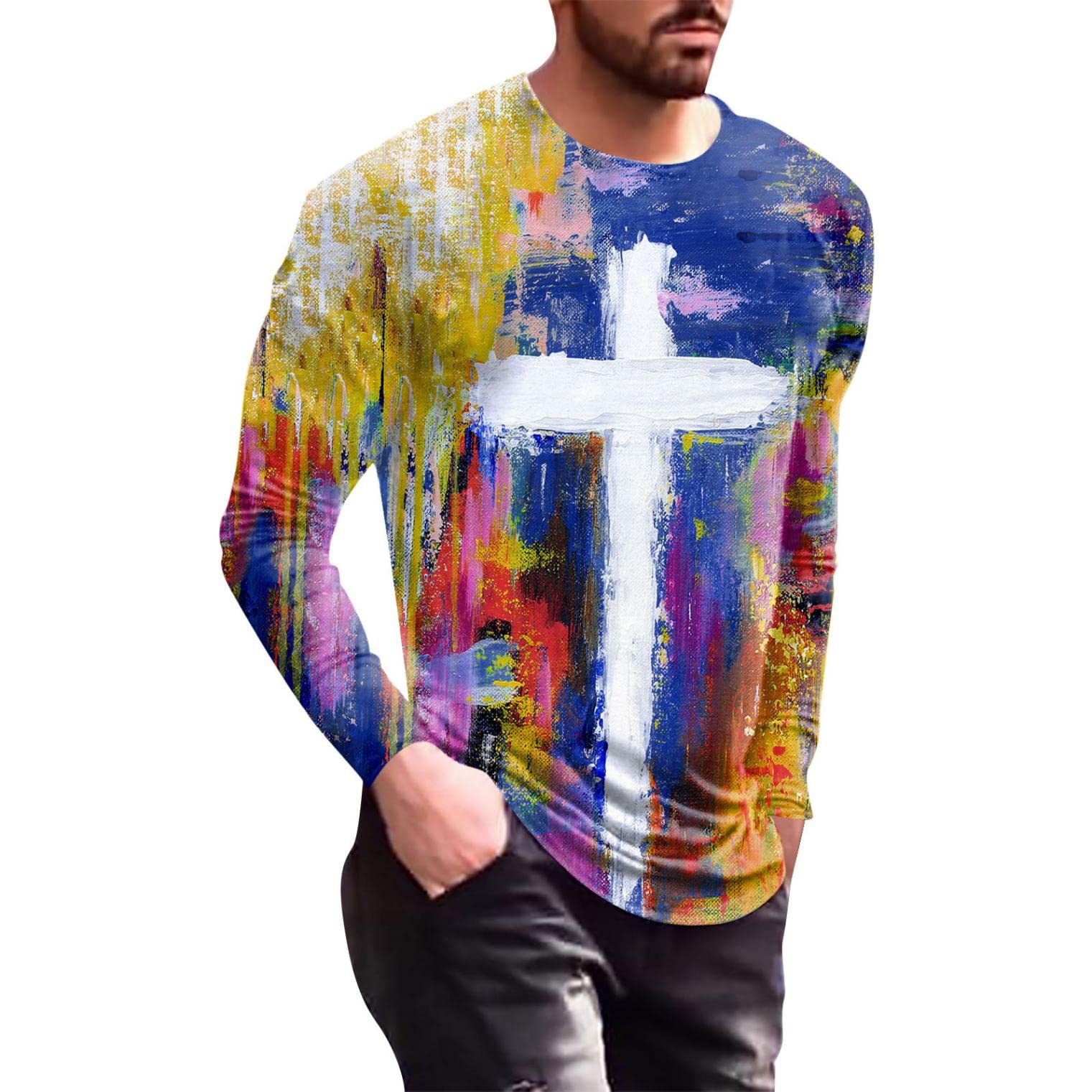 XXBR Men's Long Sleeve T-Shirt with 3D Jesus Cross Print - Casual Streetwear & Workout Athletic Tee for Fall - Perfect for Church, Gym, and Everyday Wear
