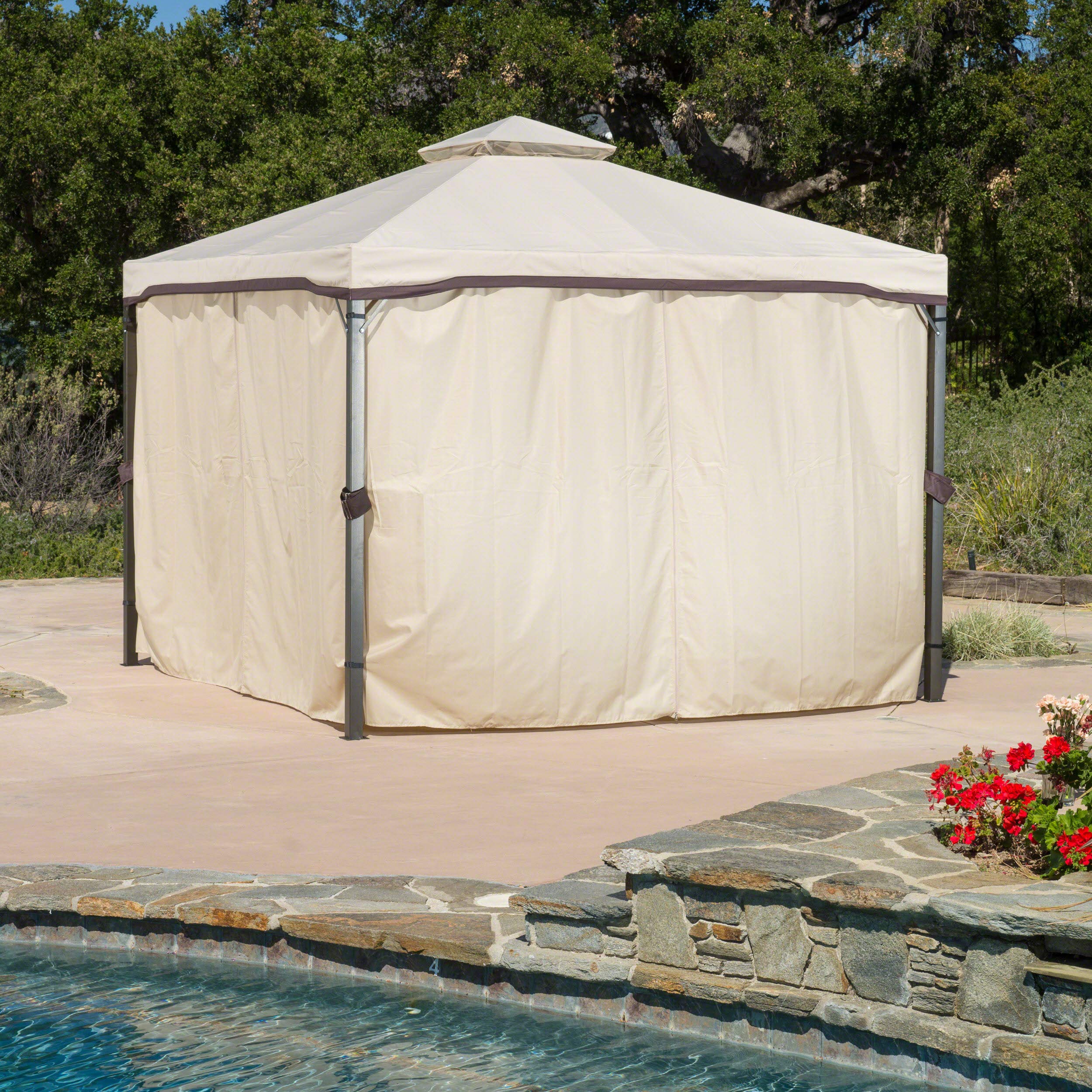 Christopher Knight Home CKH Outdoor Gazebo Canopy with Net Drapery - Beige Waterproof Patio Shade Cover for Garden, Backyard, and Poolside Relaxation