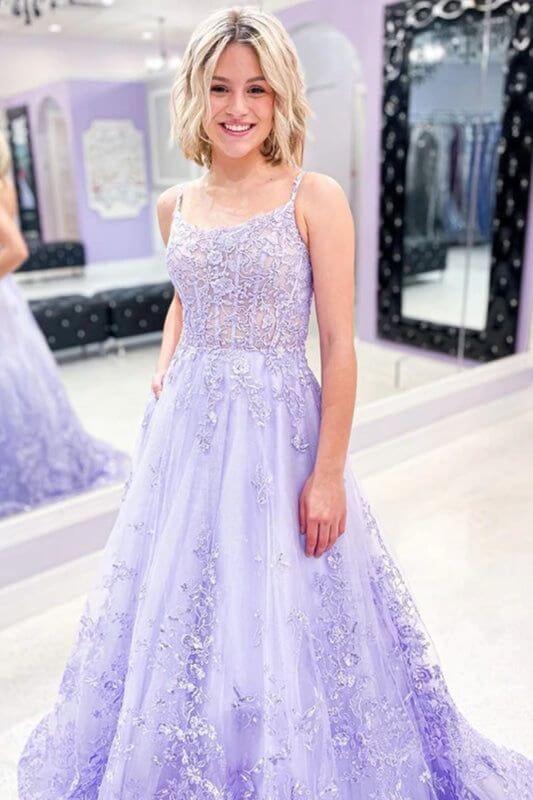 Elegant Long Violet Prom Dresses with 3D Floral Lace - Lavender Formal Gown for Homecoming, Evening Parties & Special Occasions